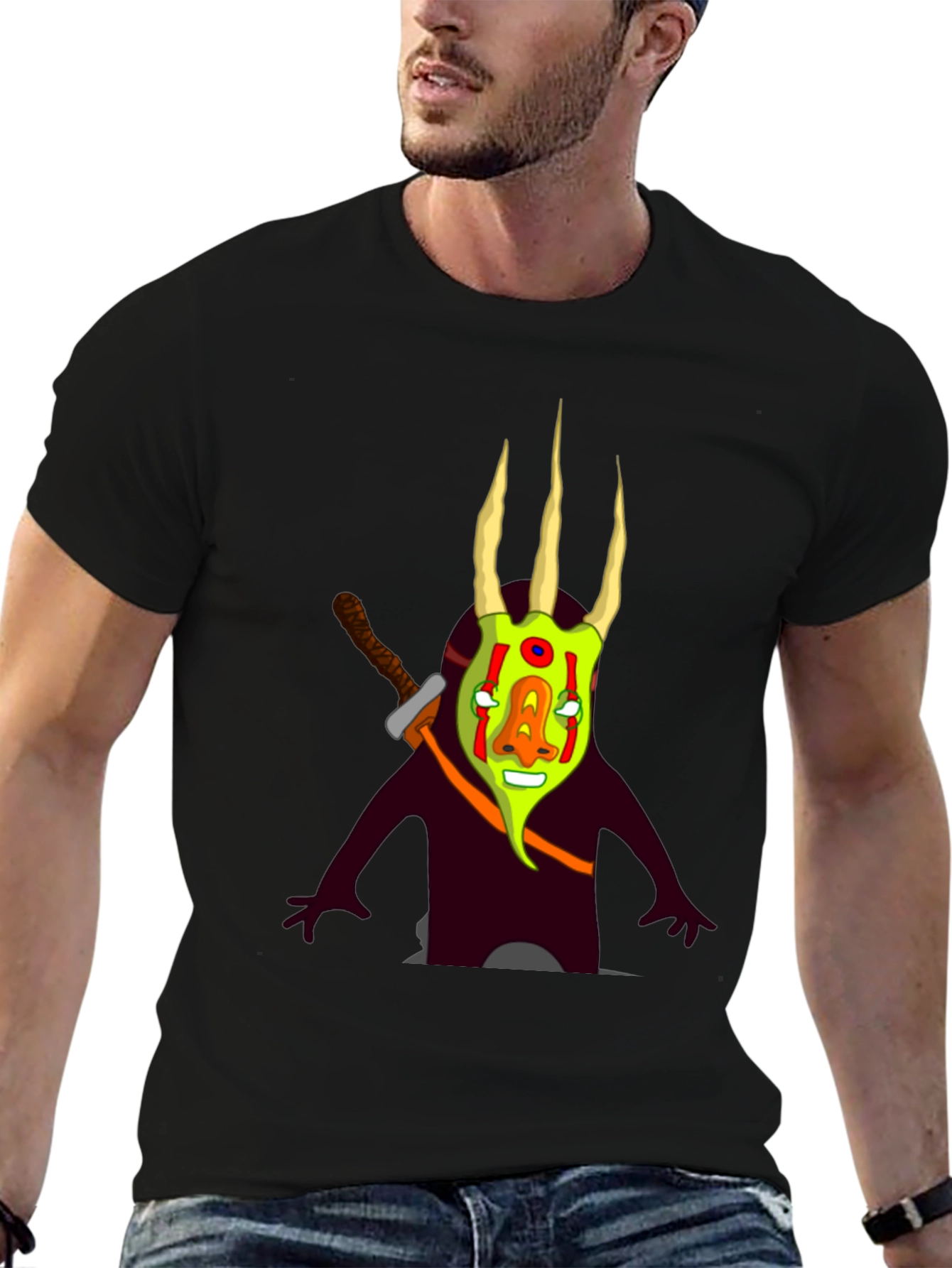 Black Graphic Tee: Cartoon Monster with Sword view 6