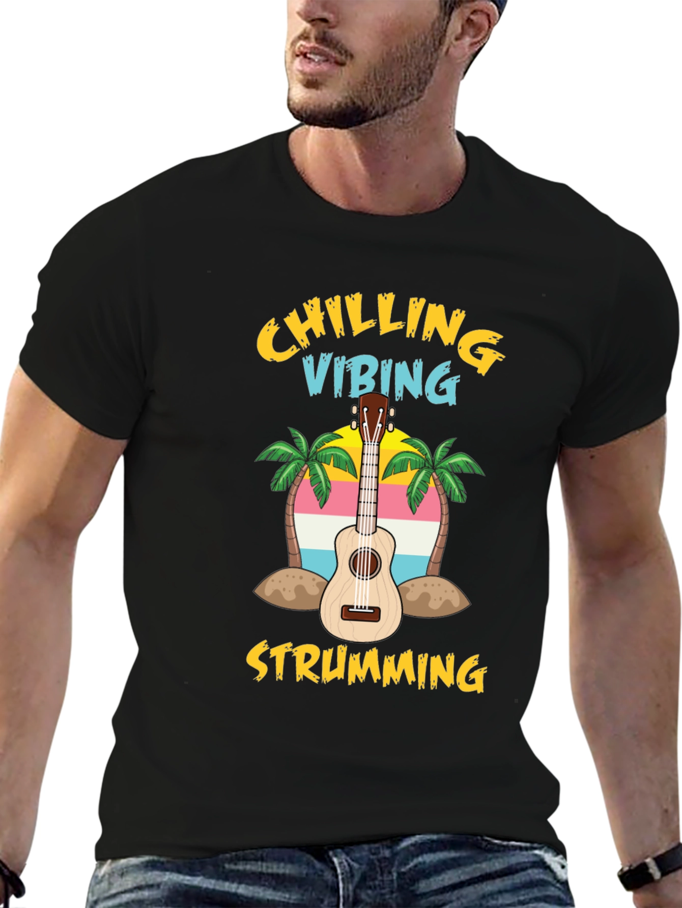 Black Chilling Vibing Strumming Ukulele T-Shirt view 6