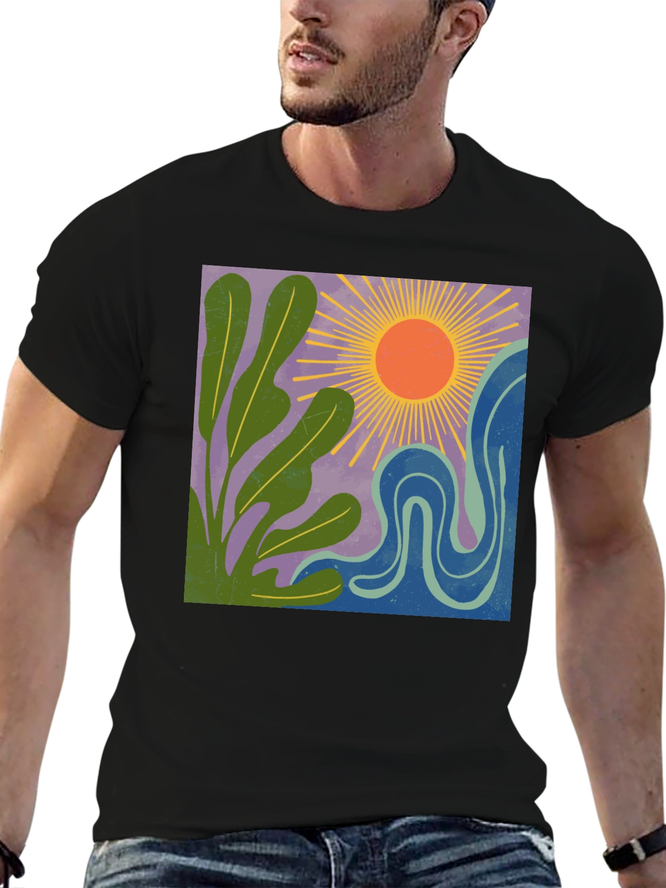Black Abstract Sun & Plant Graphic Tee - Black Cotton Blend view 6