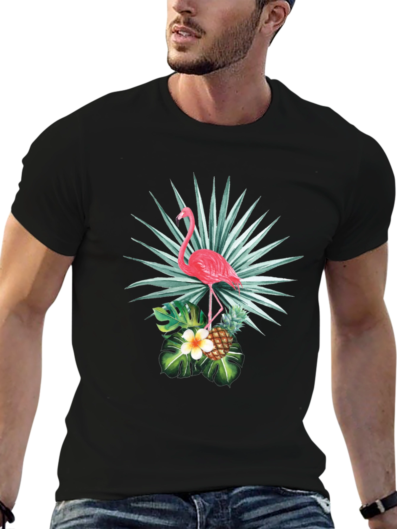 Black Tropical Flamingo Graphic Tee - Black Cotton view 6