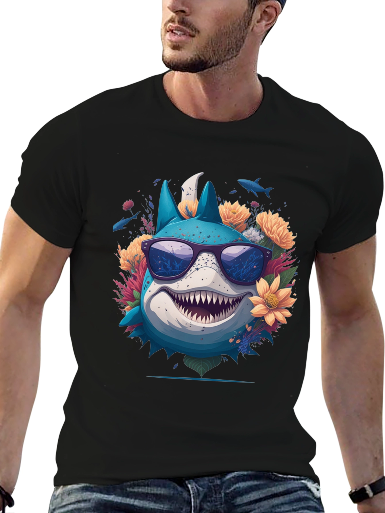 Black Cool Shark in Sunglasses T-Shirt view 6