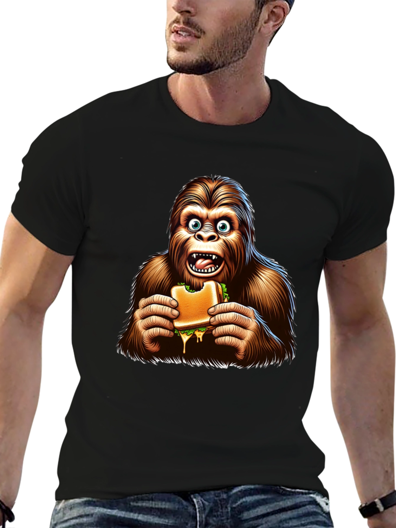 Black Bigfoot Eating Sandwich Funny Graphic Tee view 6