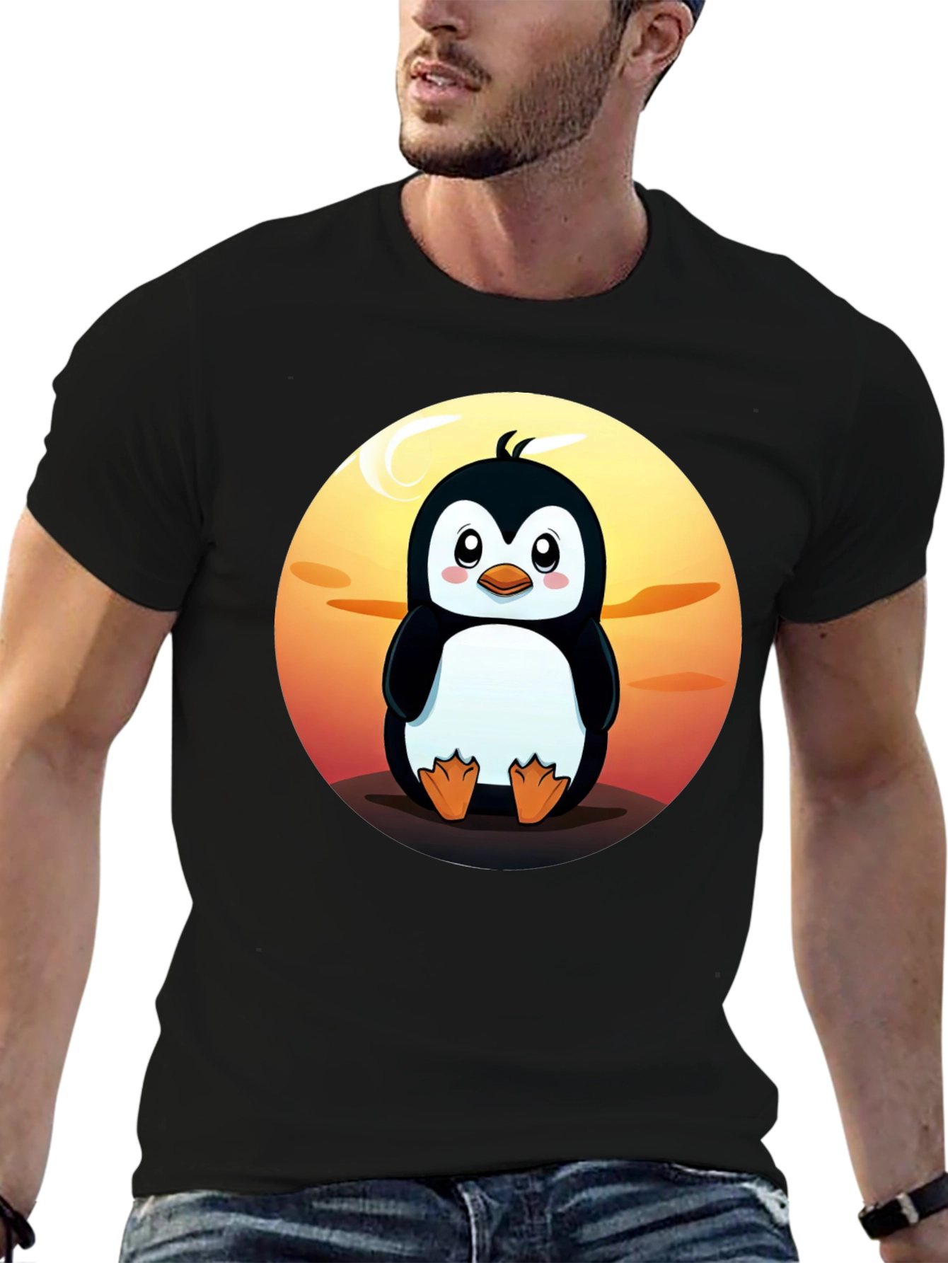 Black Cute Penguin Graphic T-Shirt - Black Crew Neck Tee view 6