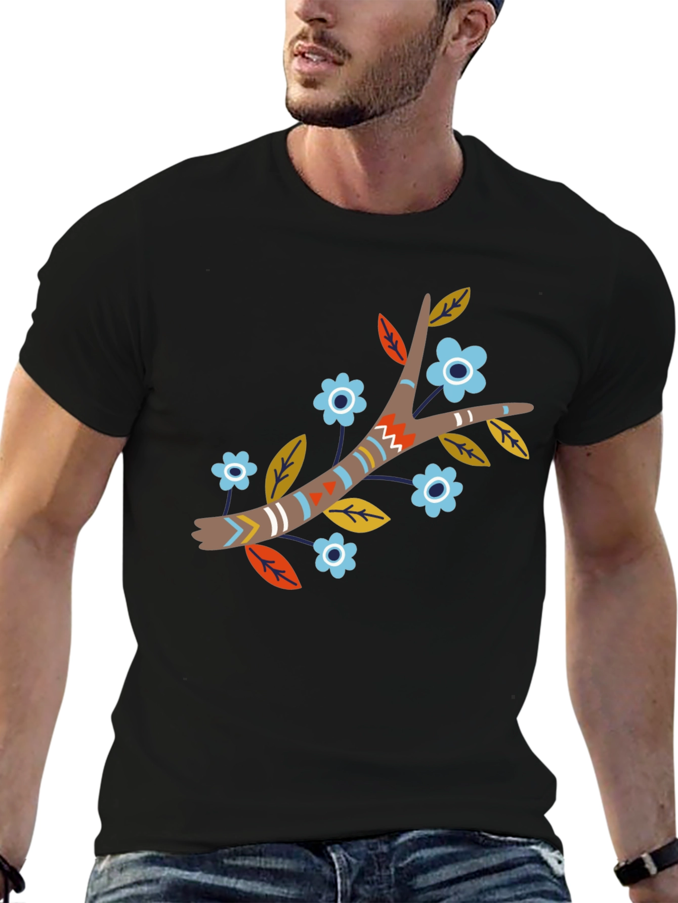 Black Boho Floral Branch Print Black T-Shirt view 6