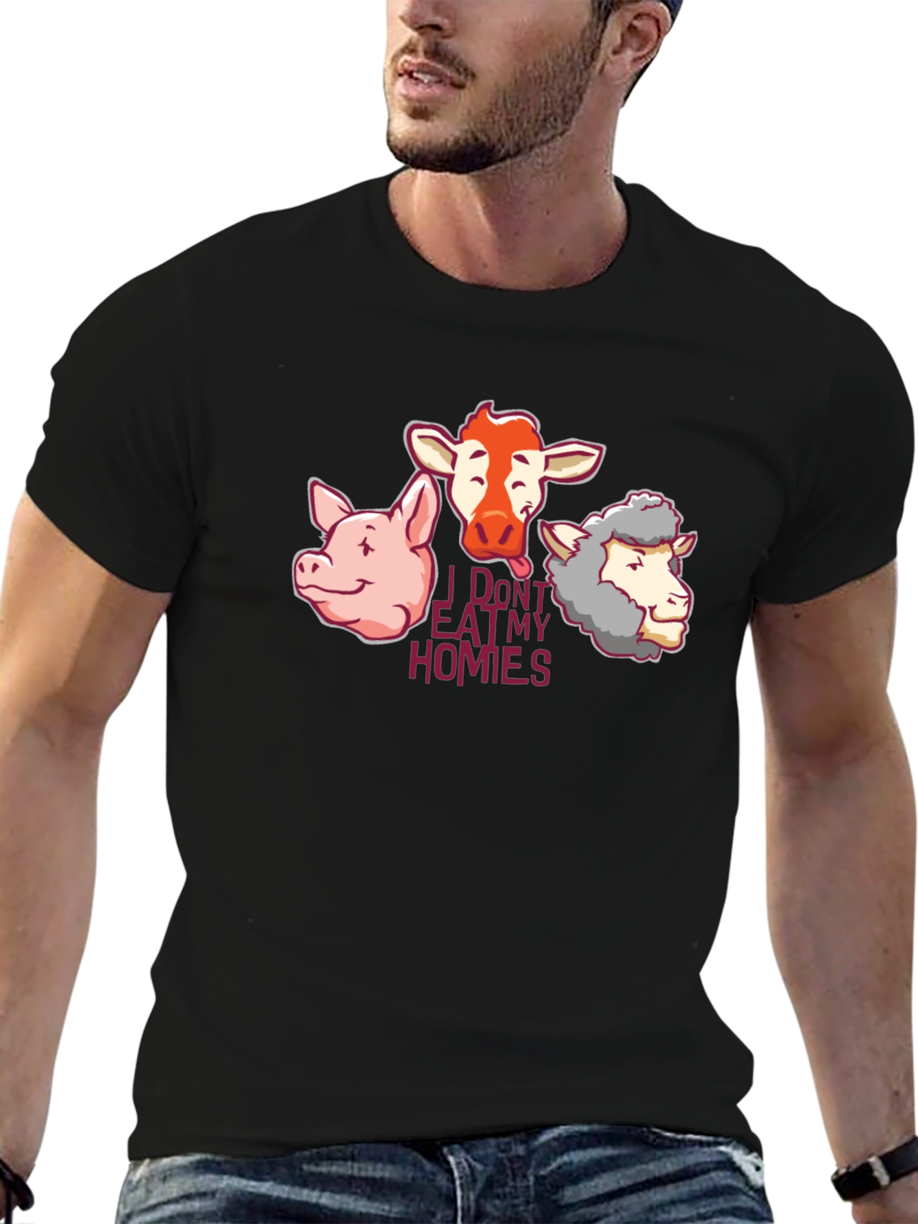 Black Vegan Animal Graphic T-Shirt - I Don't Eat My Homies view 6