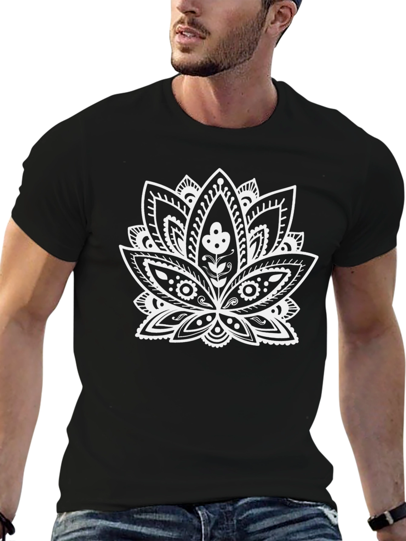 Black Black T-Shirt with White Lotus Flower Design view 6