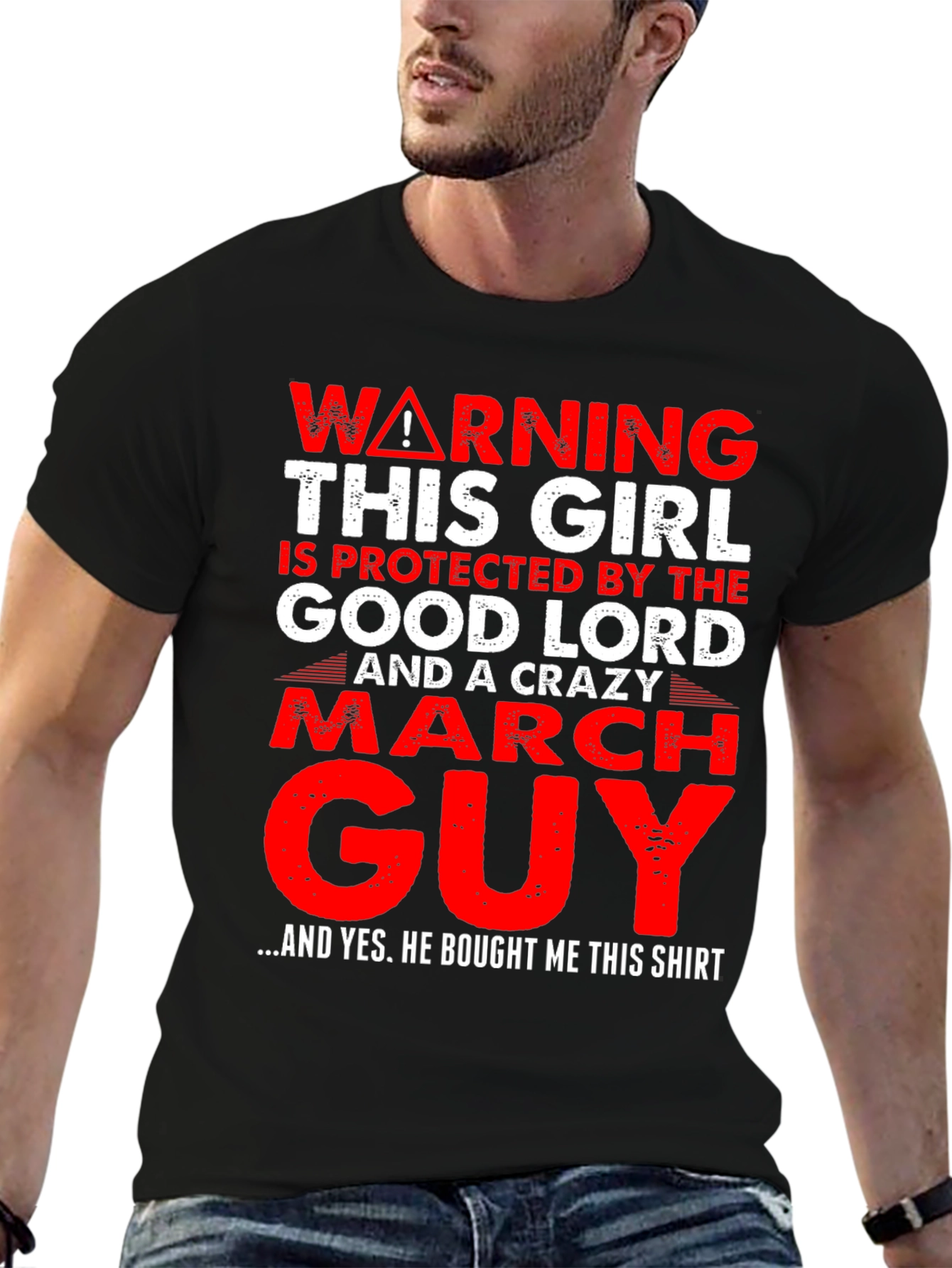 Black Warning Protected by Crazy March Guy T-Shirt view 6