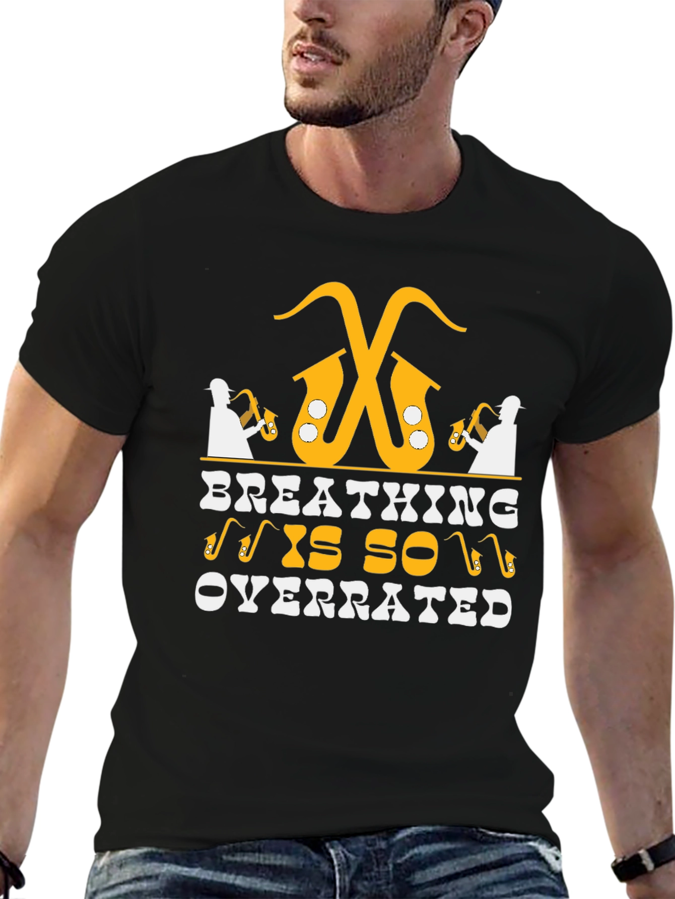 Black Saxophone Player T-Shirt - Breathing is Overrated view 6