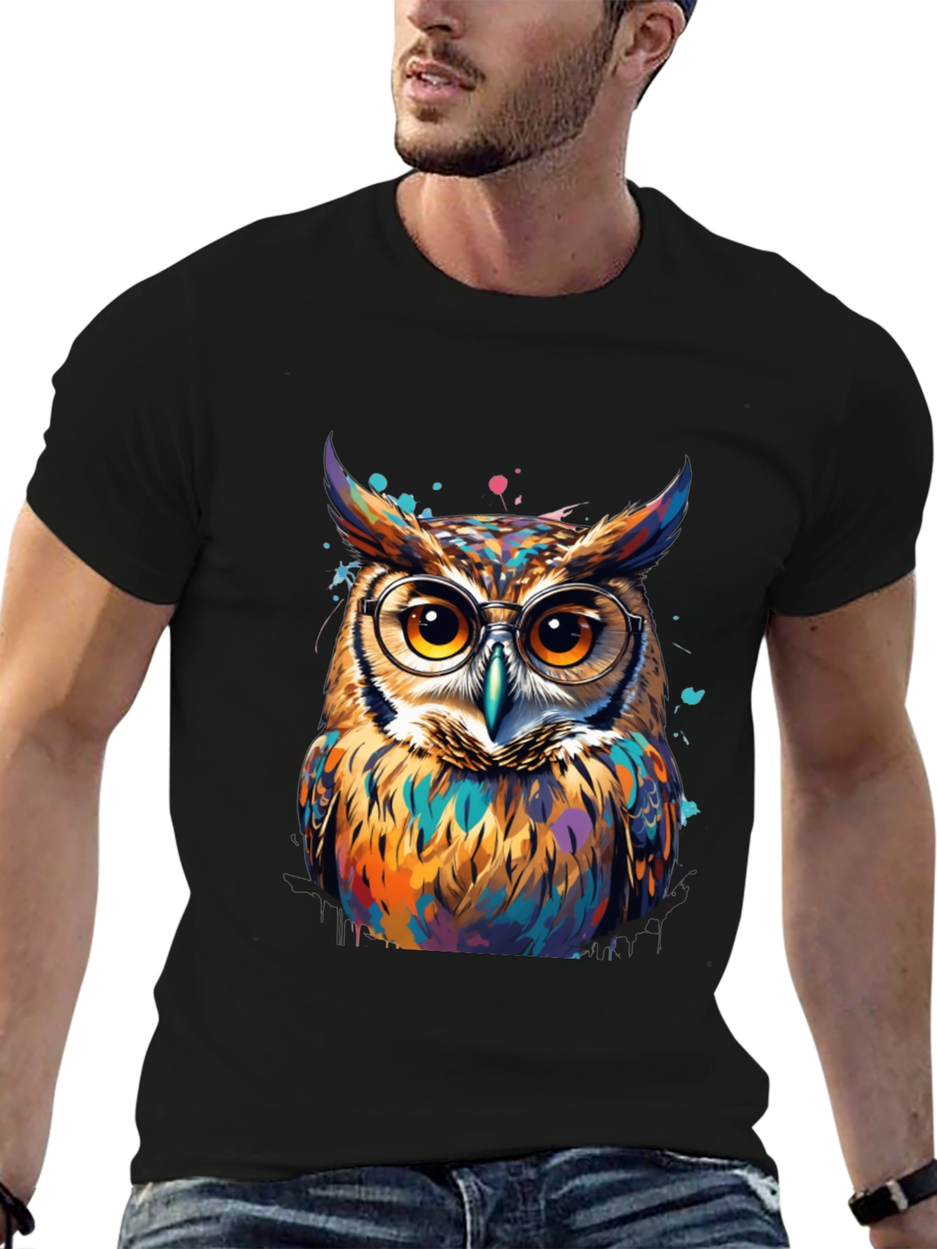 Black Colorful Owl Graphic Tee - Unisex Cotton T-Shirt view 6