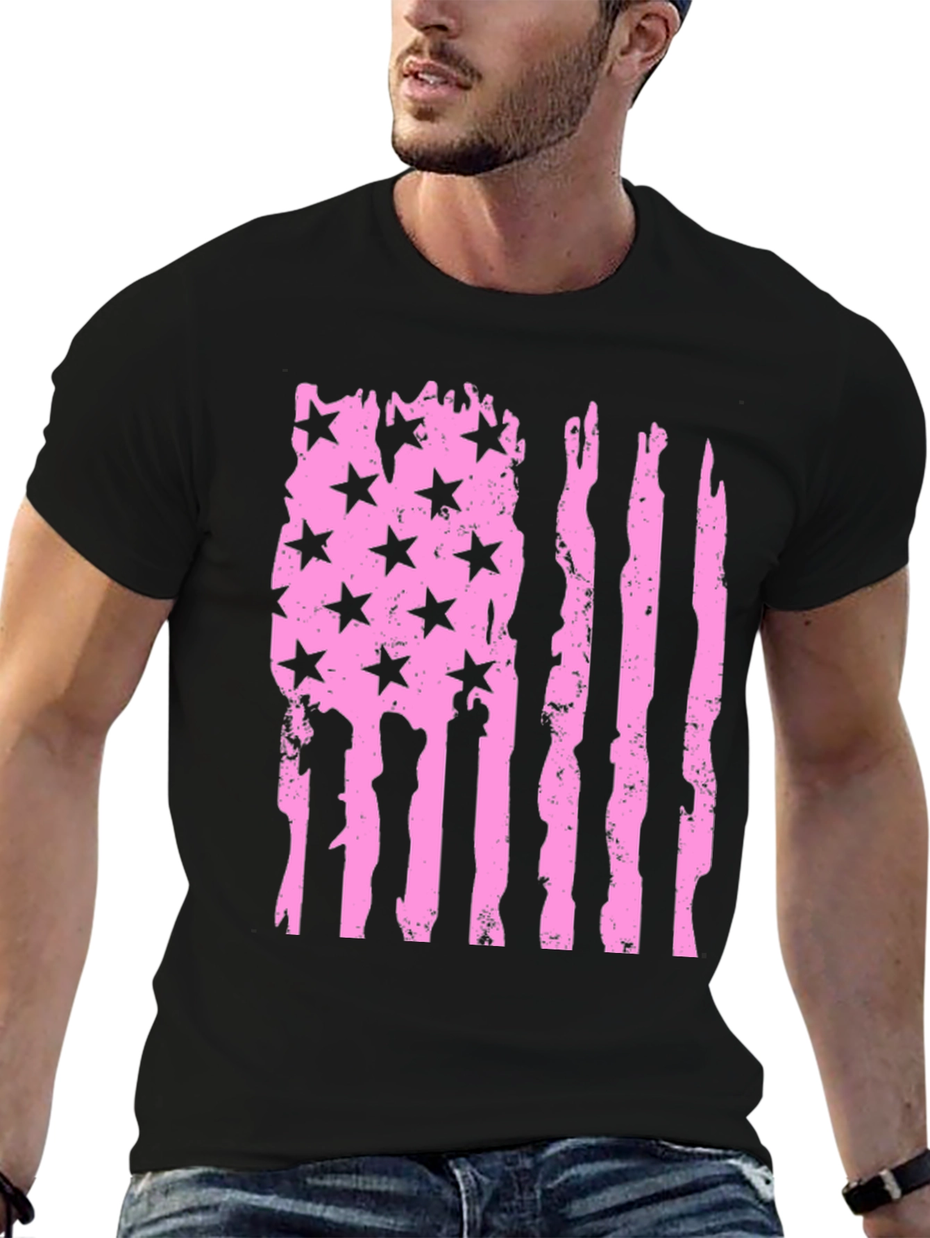 Black Distressed American Flag T-Shirt - Pink view 6