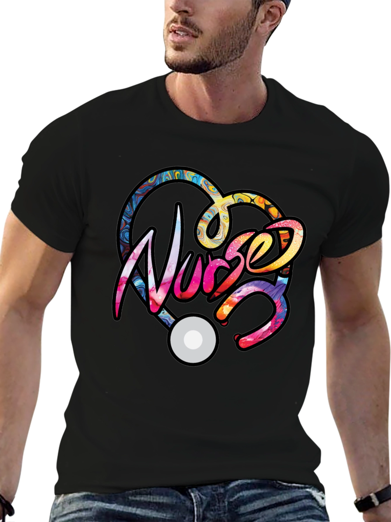 Black Nurse Heart Stethoscope Graphic T-Shirt view 6