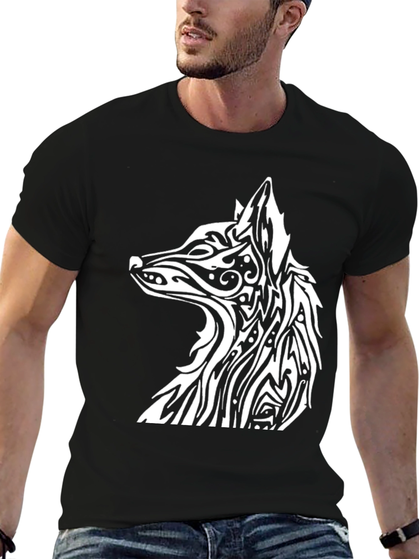Black Tribal Wolf Graphic Black T-Shirt view 6