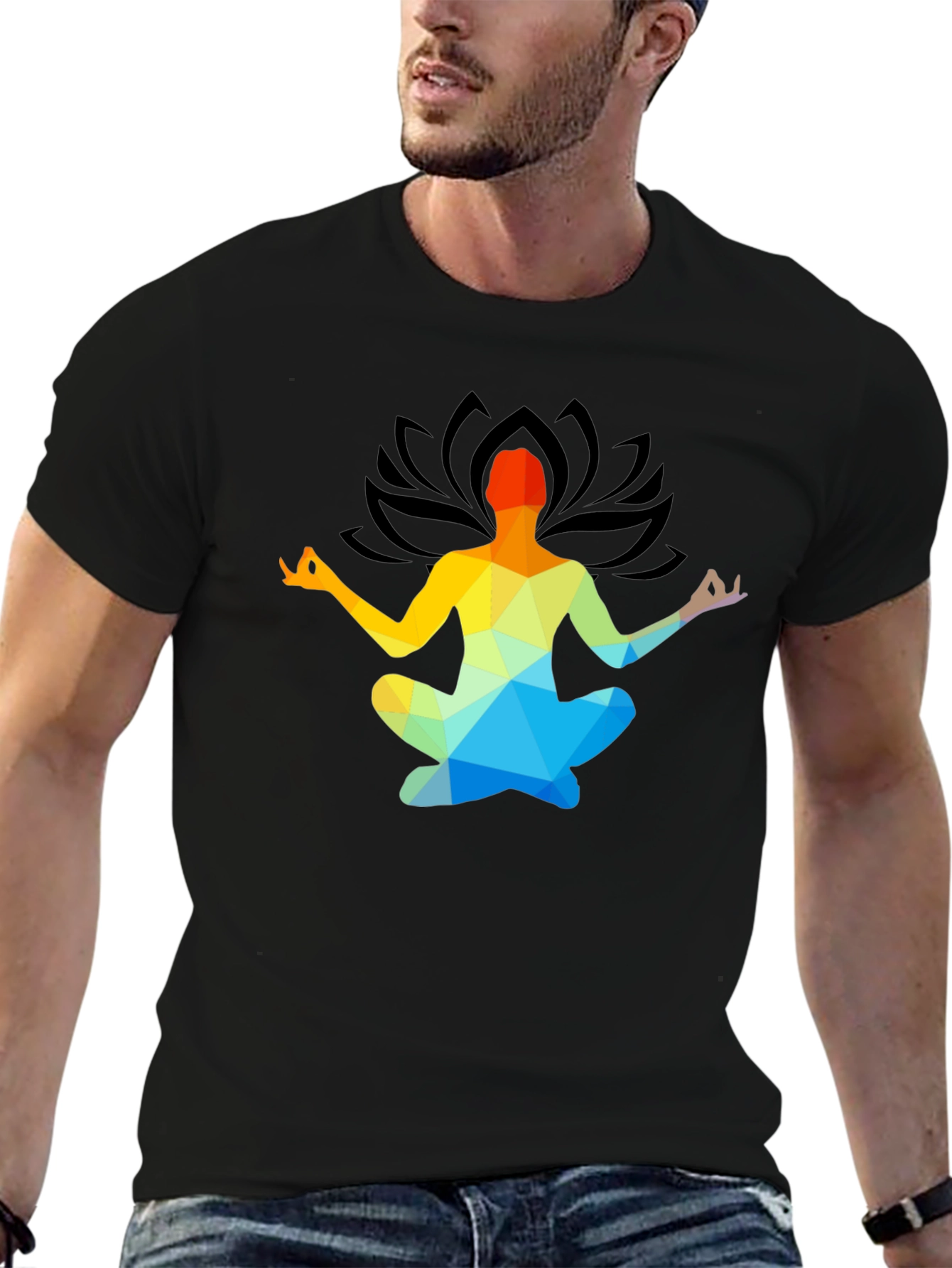 Black Meditative Geometric Lotus Pose T-Shirt view 6