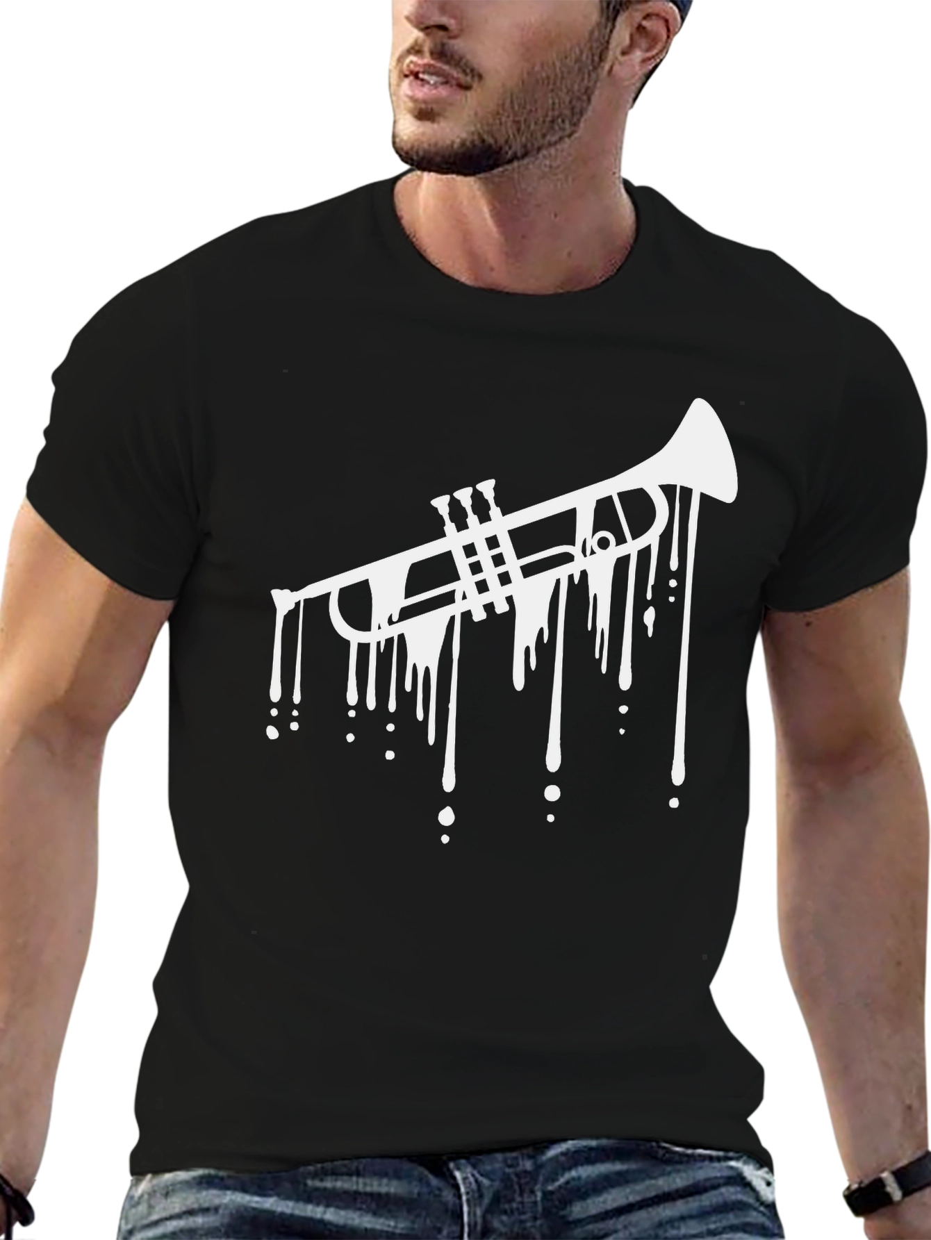 Black Dripping Trumpet Graphic Tee - Black Cotton Casual view 6