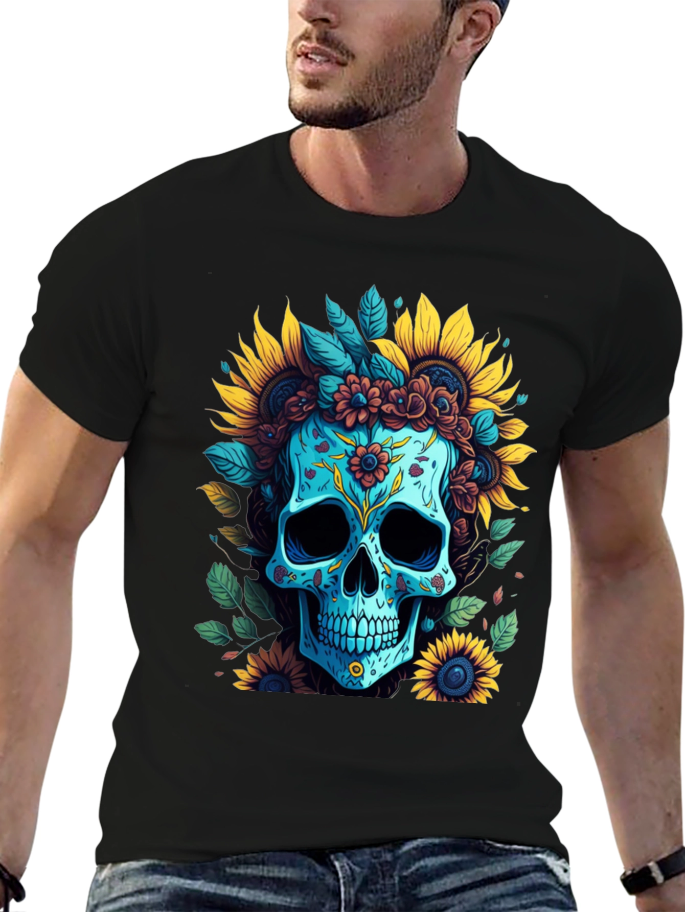 Black Floral Skull Graphic T-Shirt view 6