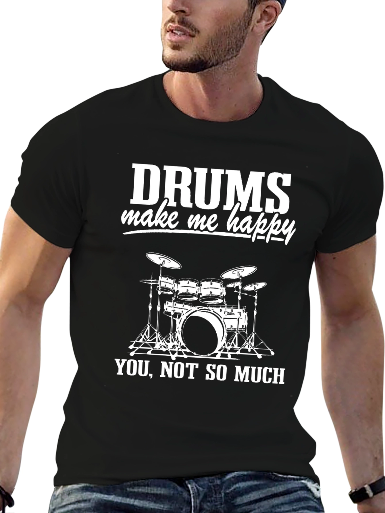 Black Drums Make Me Happy T-Shirt - Drummer Gift view 6