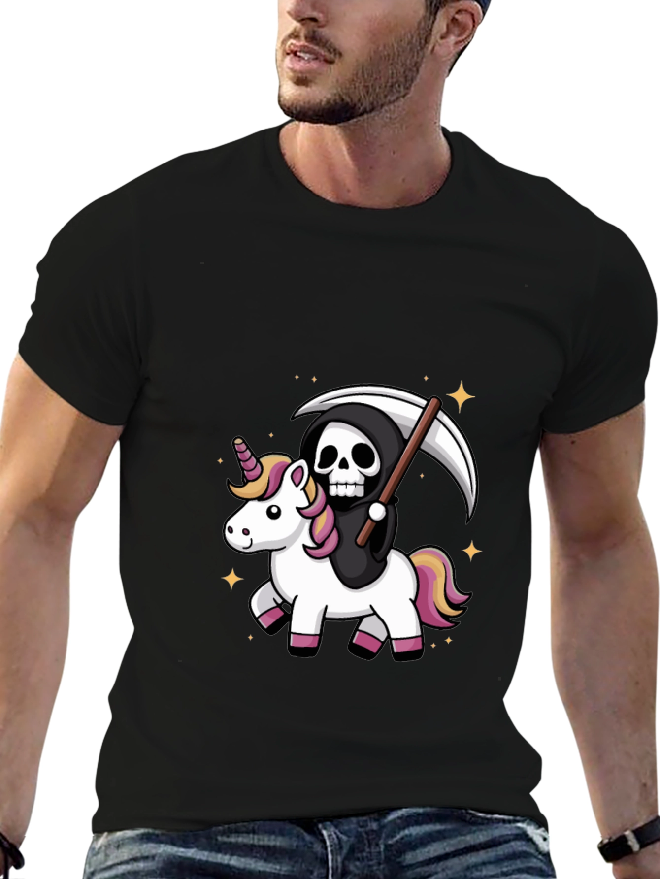 Black Grim Reaper Riding Unicorn T-Shirt view 6