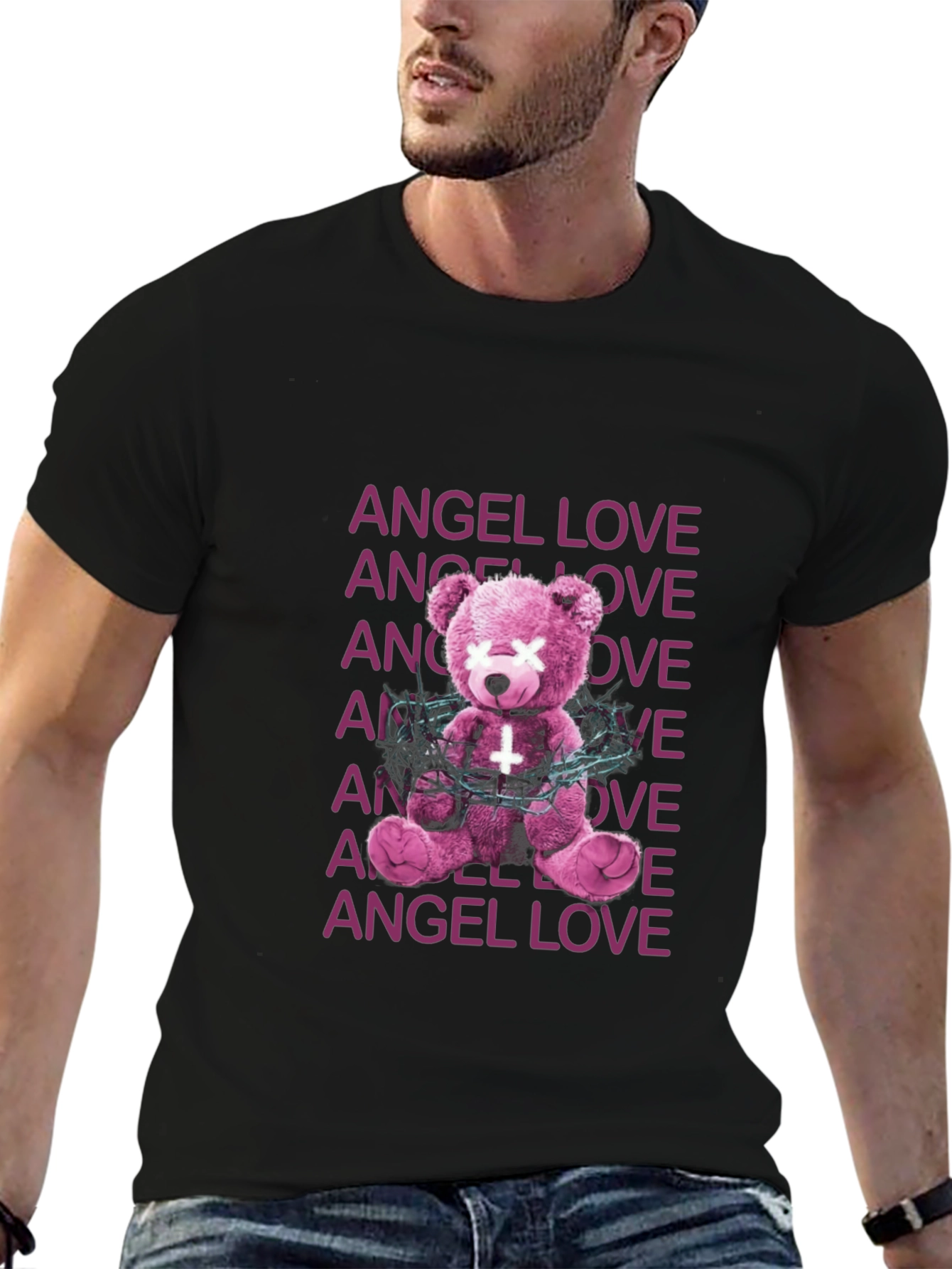 Black Angel Love Graphic Tee - Edgy Teddy Bear Design view 6