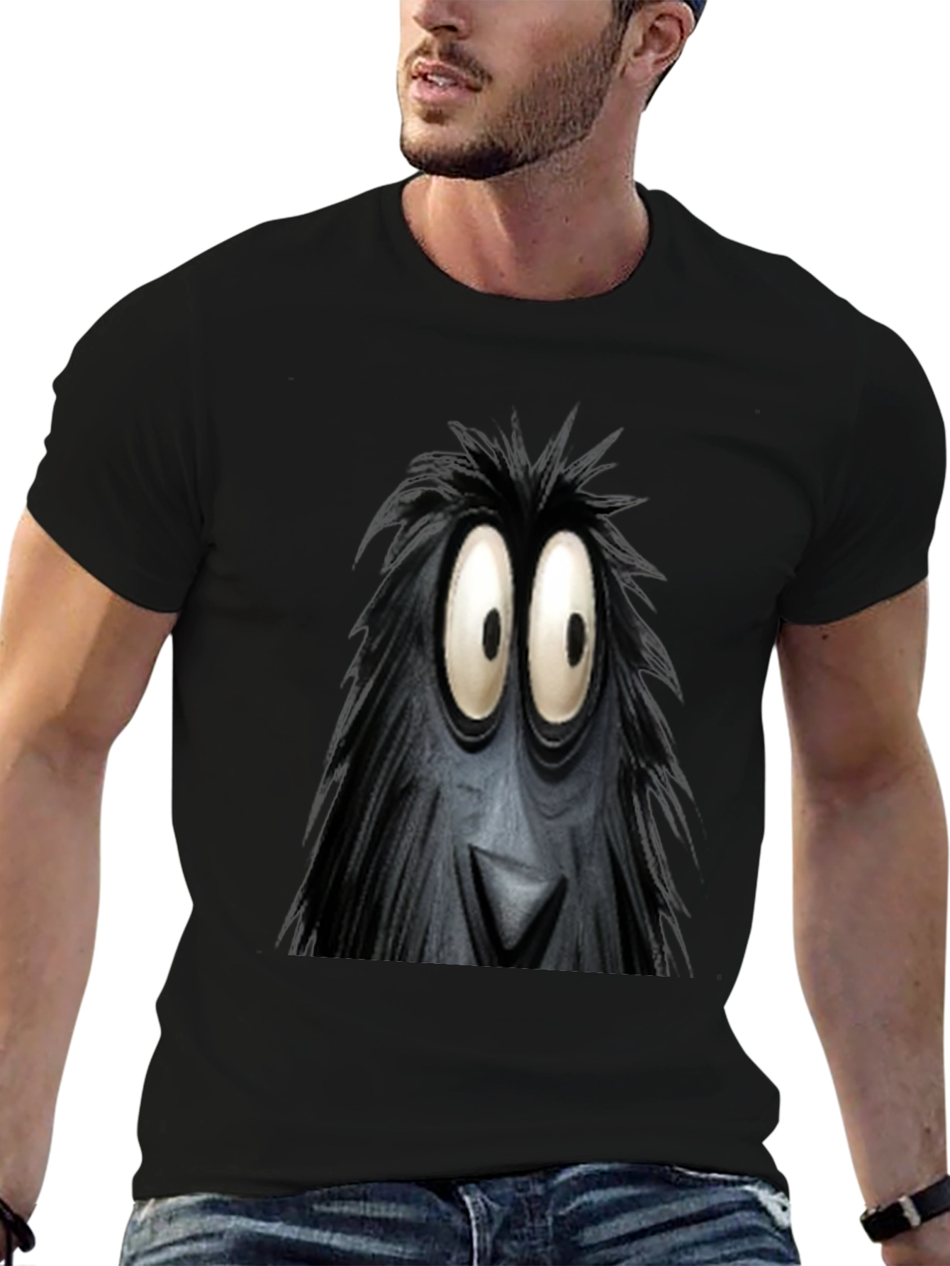 Black Fun Cartoon Monster Face Graphic Black T-Shirt view 6