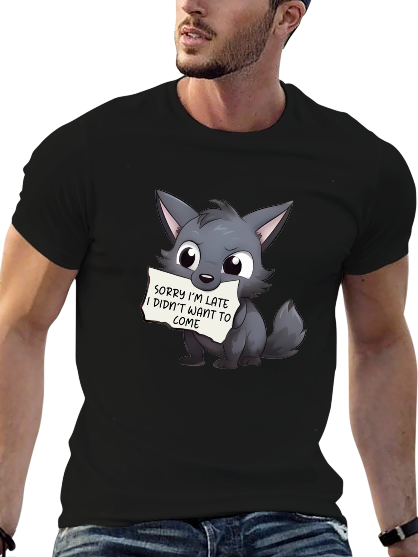 Black Cute Wolf Sorry I'm Late Black T-Shirt view 6