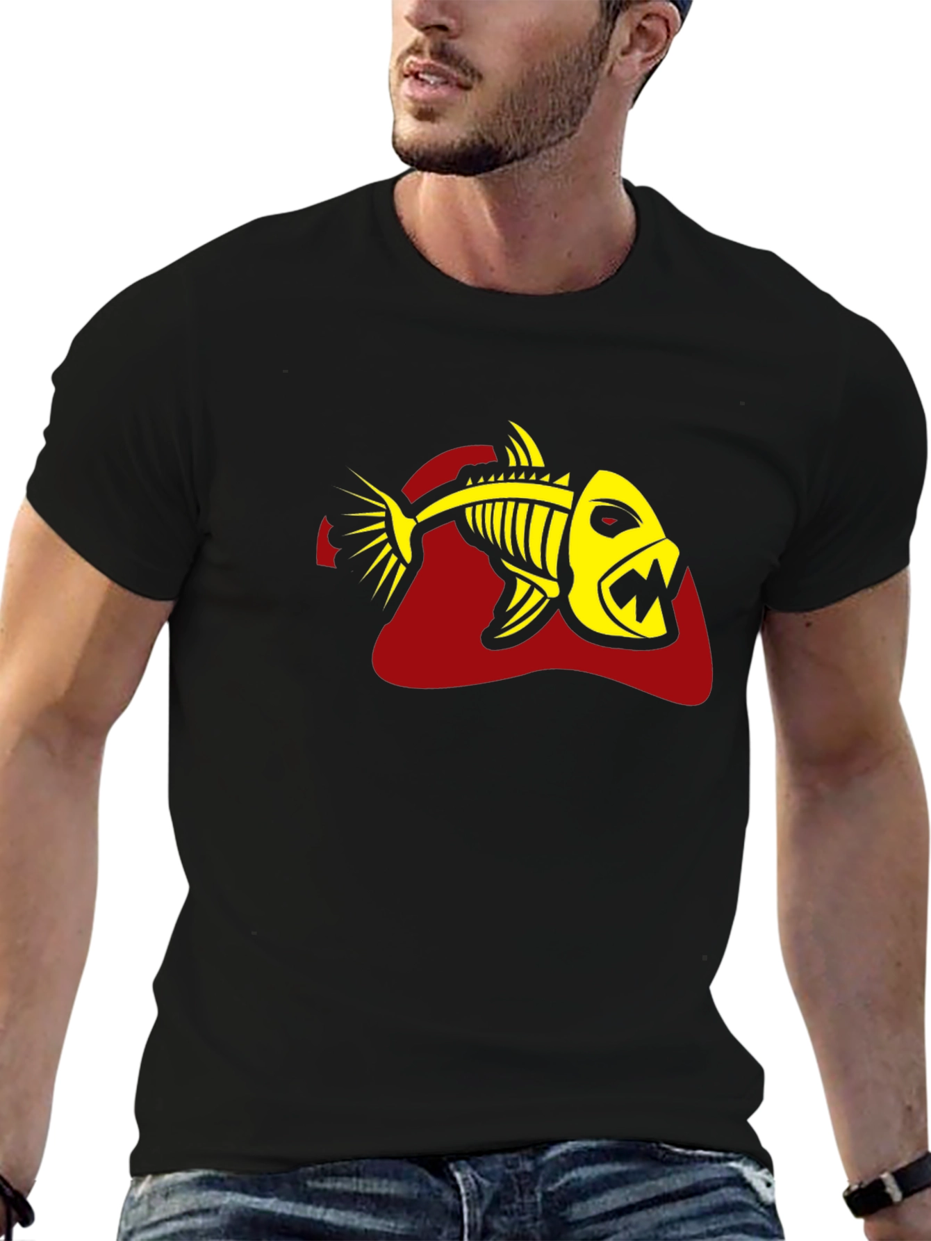 Black Men's Black T-Shirt - Yellow Fish Skeleton Graphic view 6