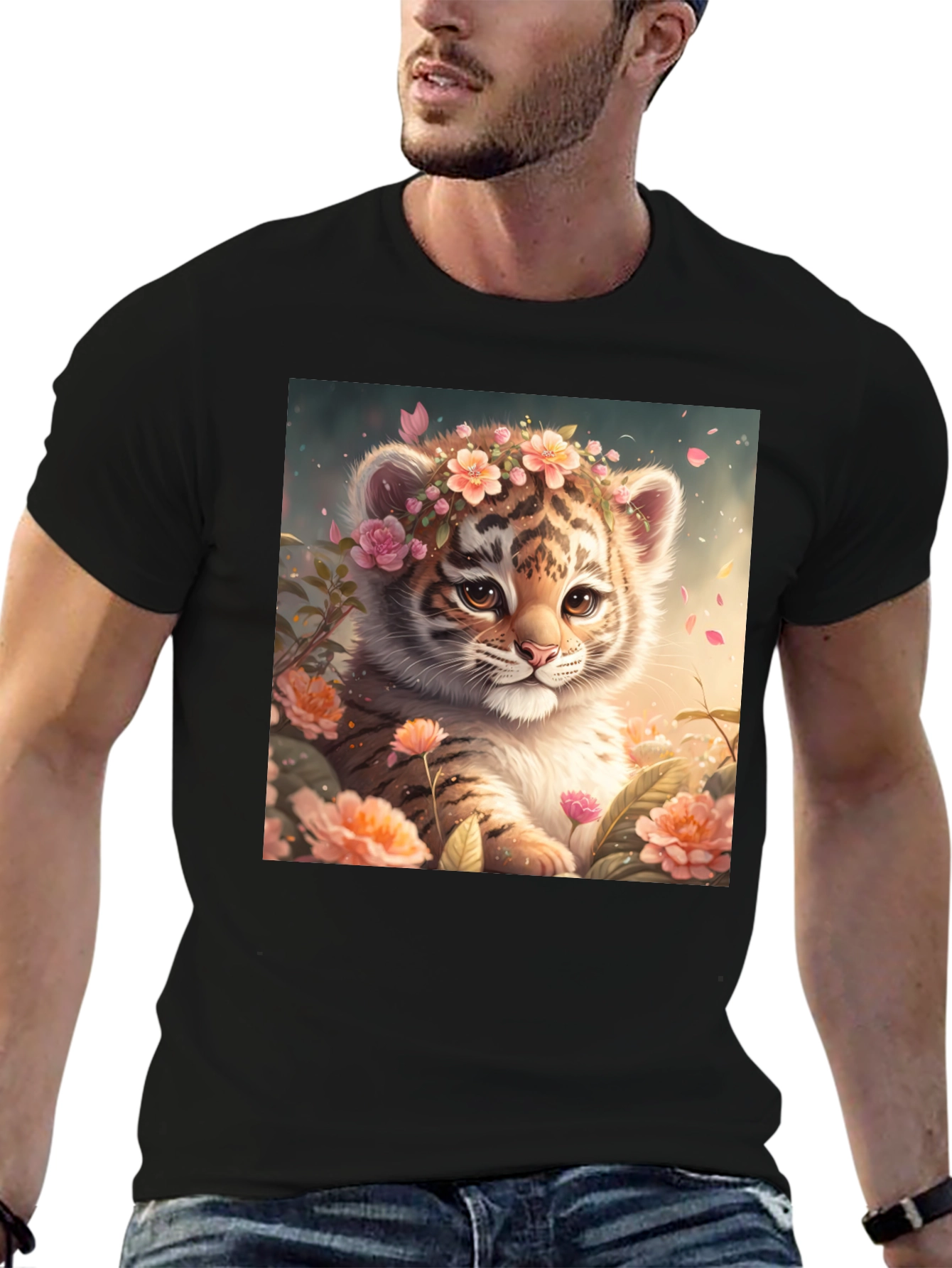 Black Cute Tiger Cub Floral T-Shirt view 6