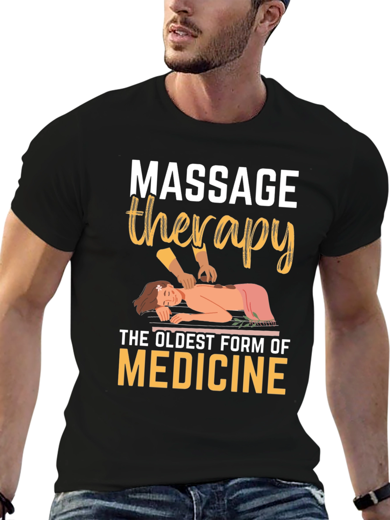 Black Massage Therapy T-Shirt: Oldest Medicine, Relaxing Design view 6