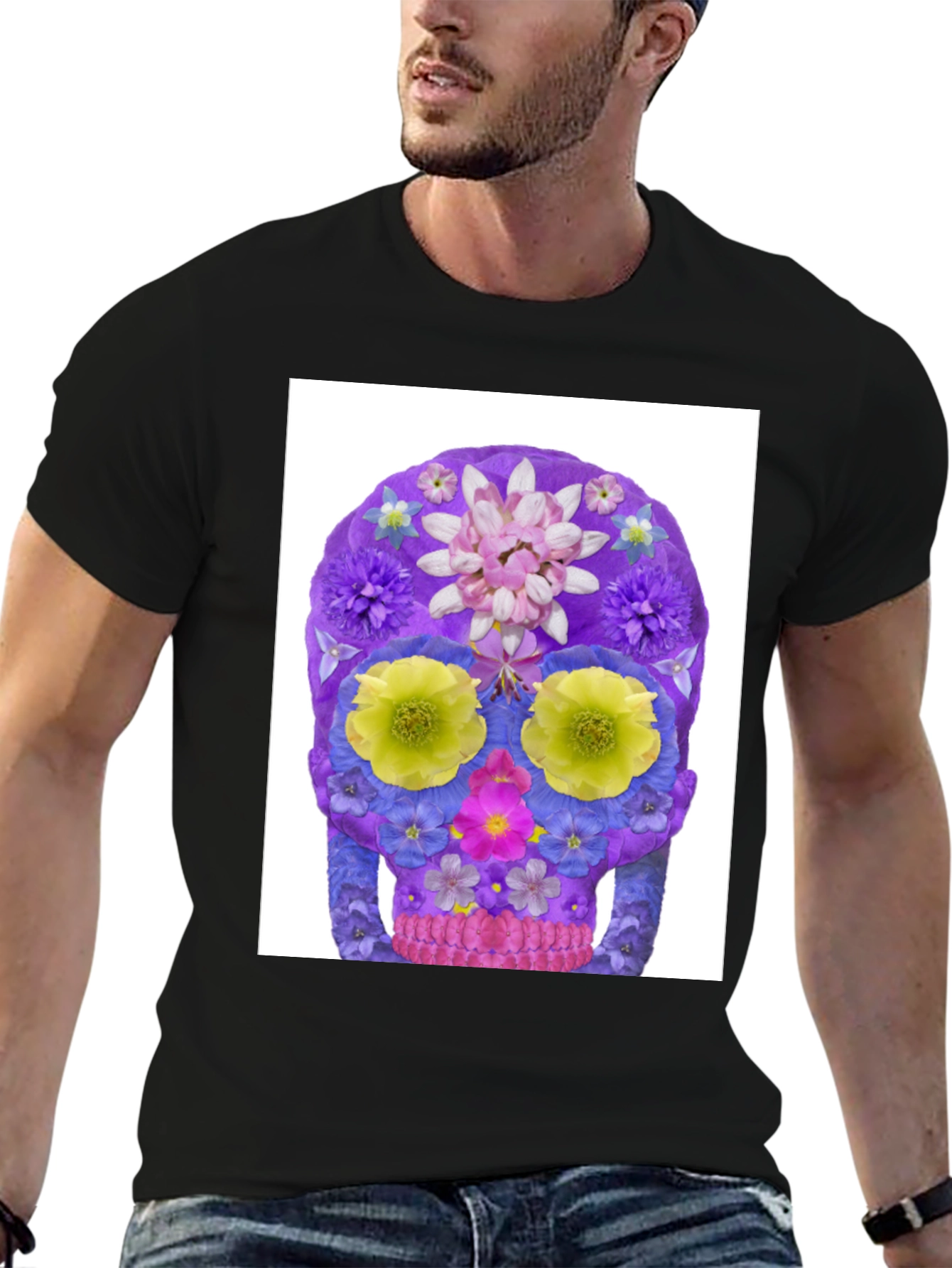 Black Floral Sugar Skull Graphic Tee - Black Cotton T-Shirt view 6