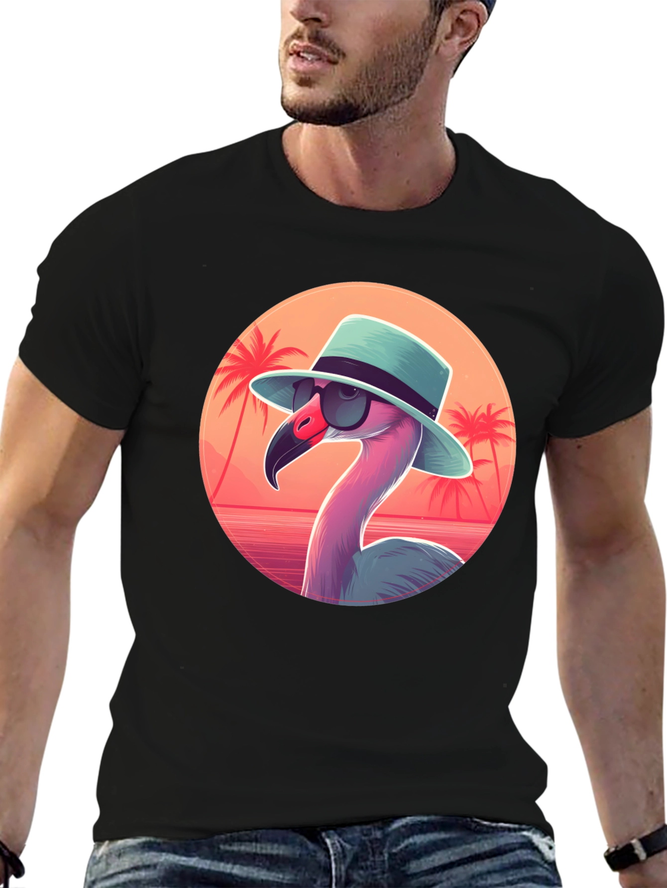 Black Cool Flamingo Graphic Tee - Black Cotton T-Shirt view 6