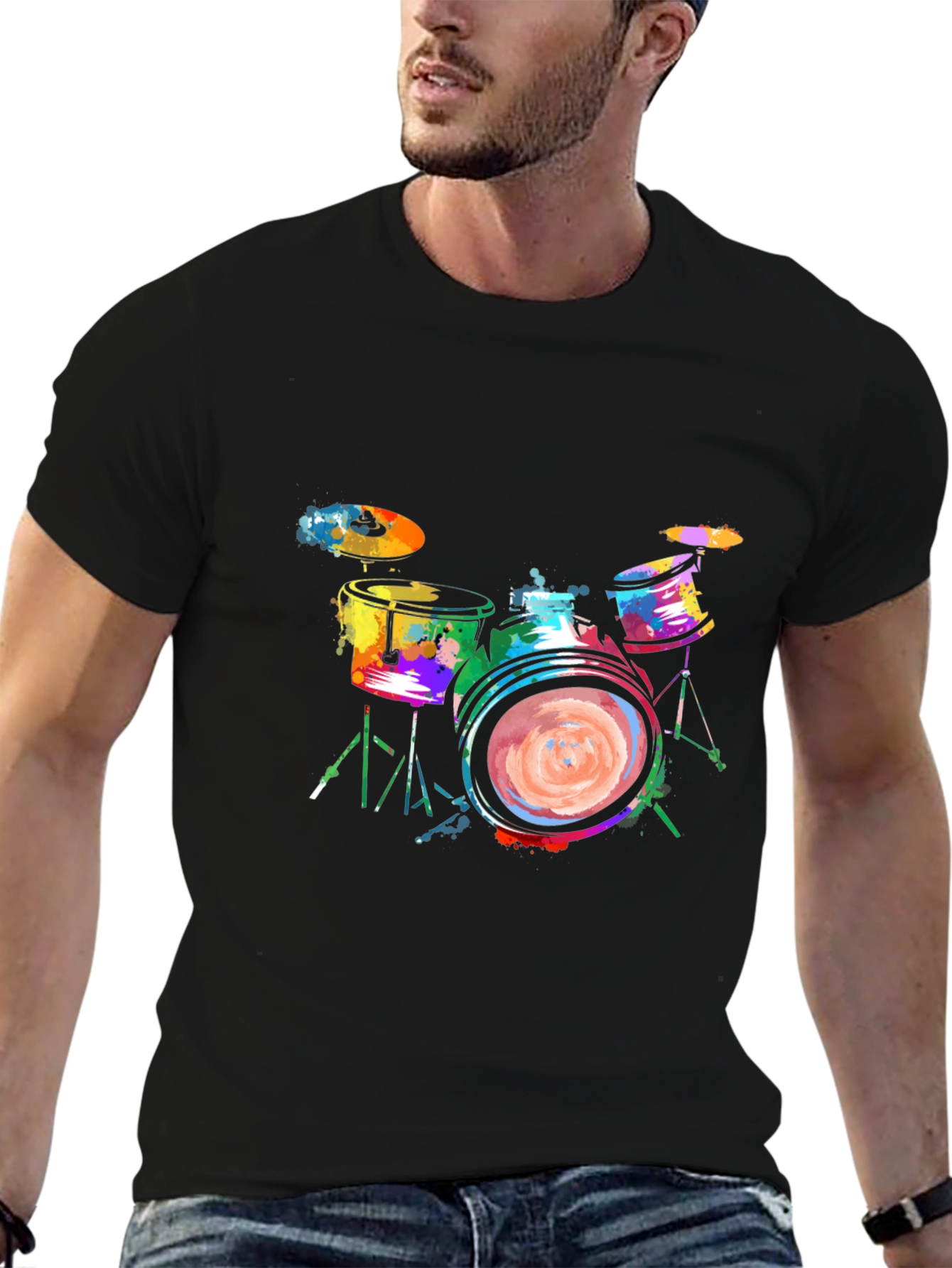 Black Colorful Drums Graphic Tee - Black Cotton T-Shirt view 6
