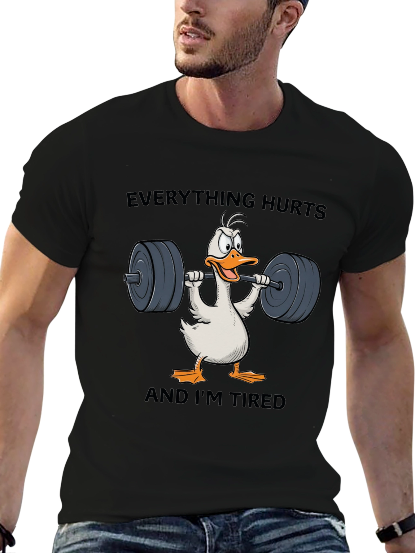 Black Funny Workout T-Shirt - Everything Hurts Duck view 6
