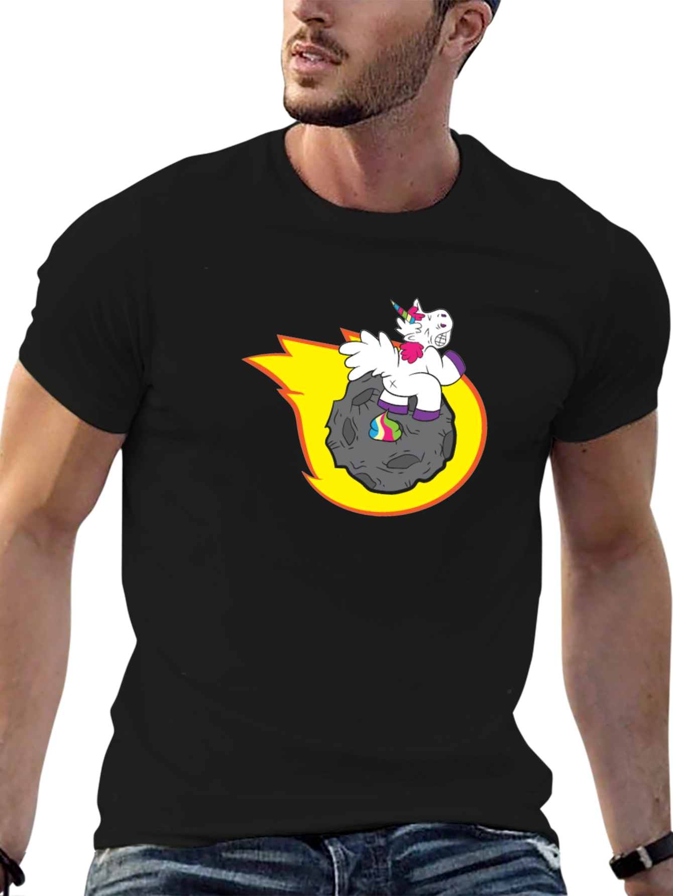 Black Unicorn Riding Asteroid T-Shirt - Funny Graphic Tee view 6