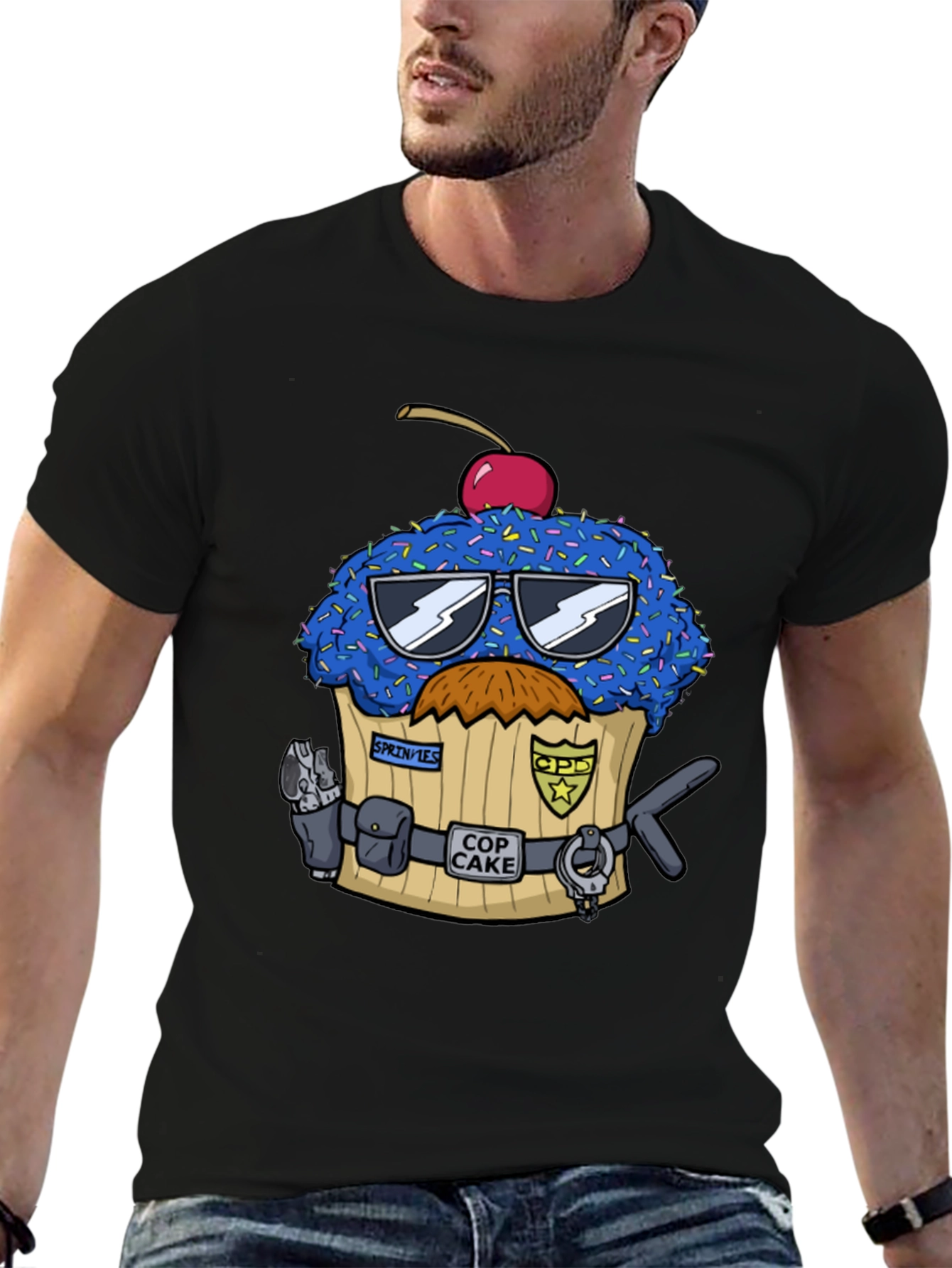 Black Cop Cake Graphic T-Shirt - Novelty Dessert Tee view 6