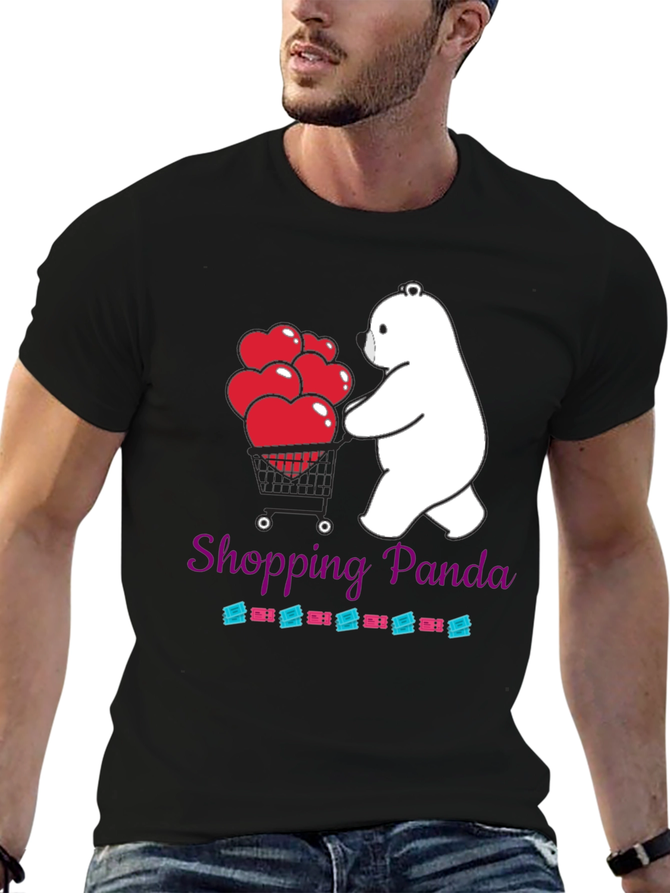 Black Shopping Panda Graphic Tee - Cute Heart Design view 6