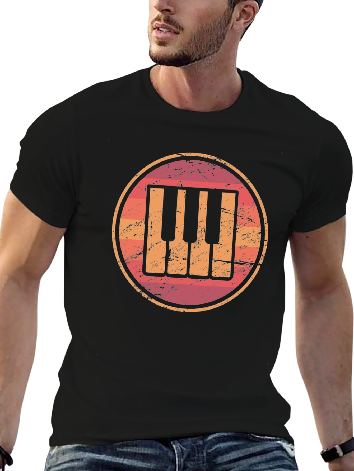 Black Retro Piano Keys Graphic Tee - Vintage Music Lover Shirt view 6
