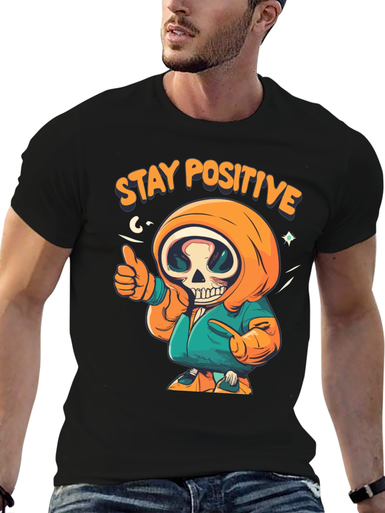 Black Stay Positive Graphic Tee - Skeleton Design view 6