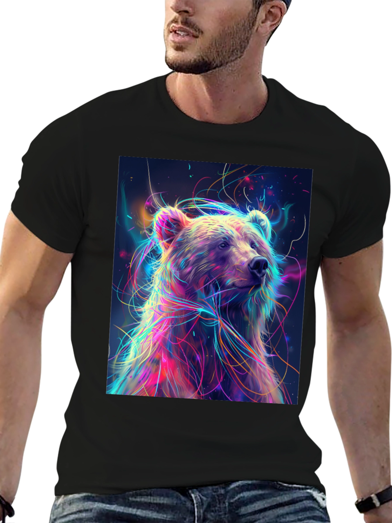 Black Colorful Bear Graphic Print Black T-Shirt view 6