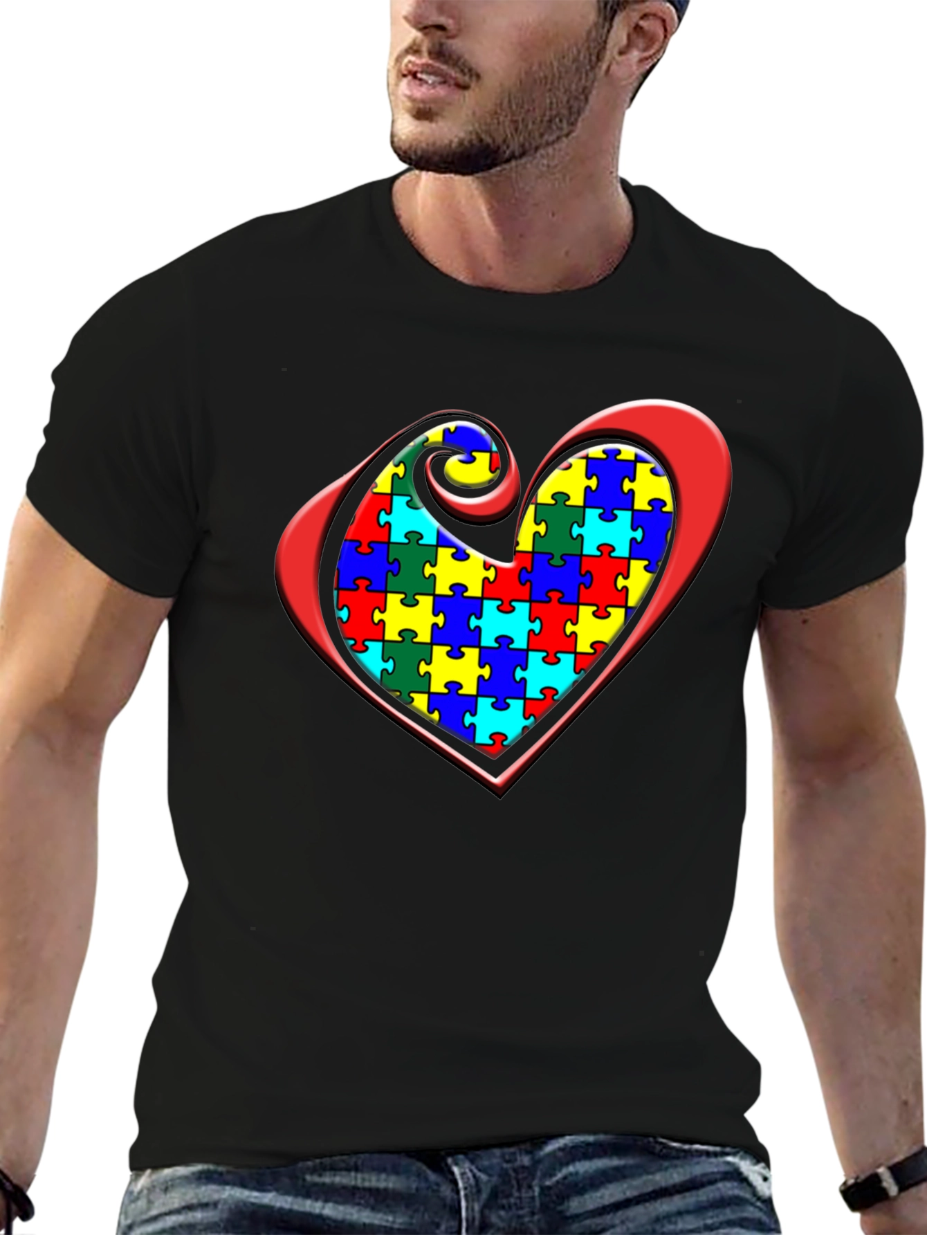 Black Autism Awareness Puzzle Heart Graphic Tee view 6