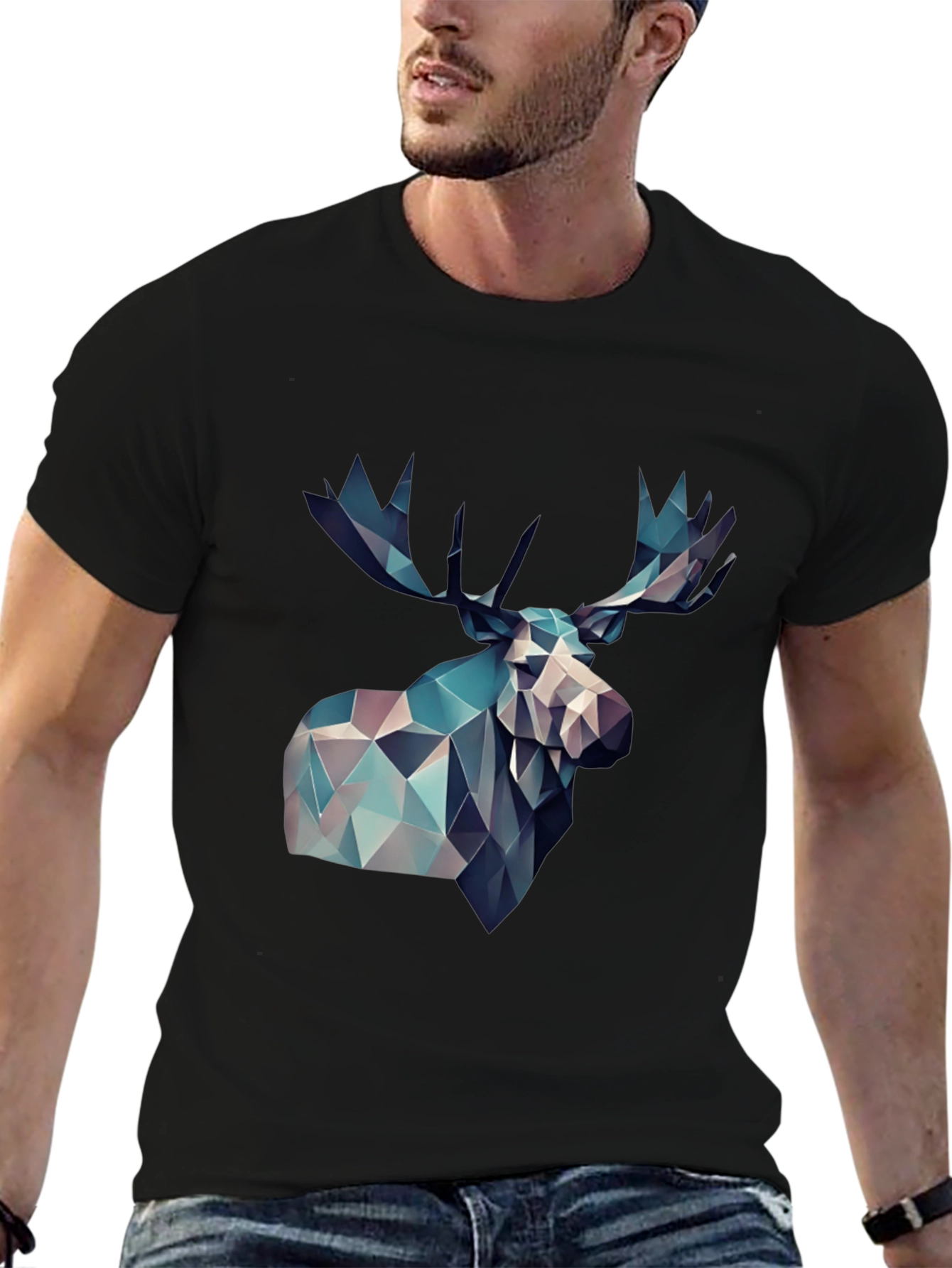 Black Geometric Moose Graphic Print Black T-Shirt view 6