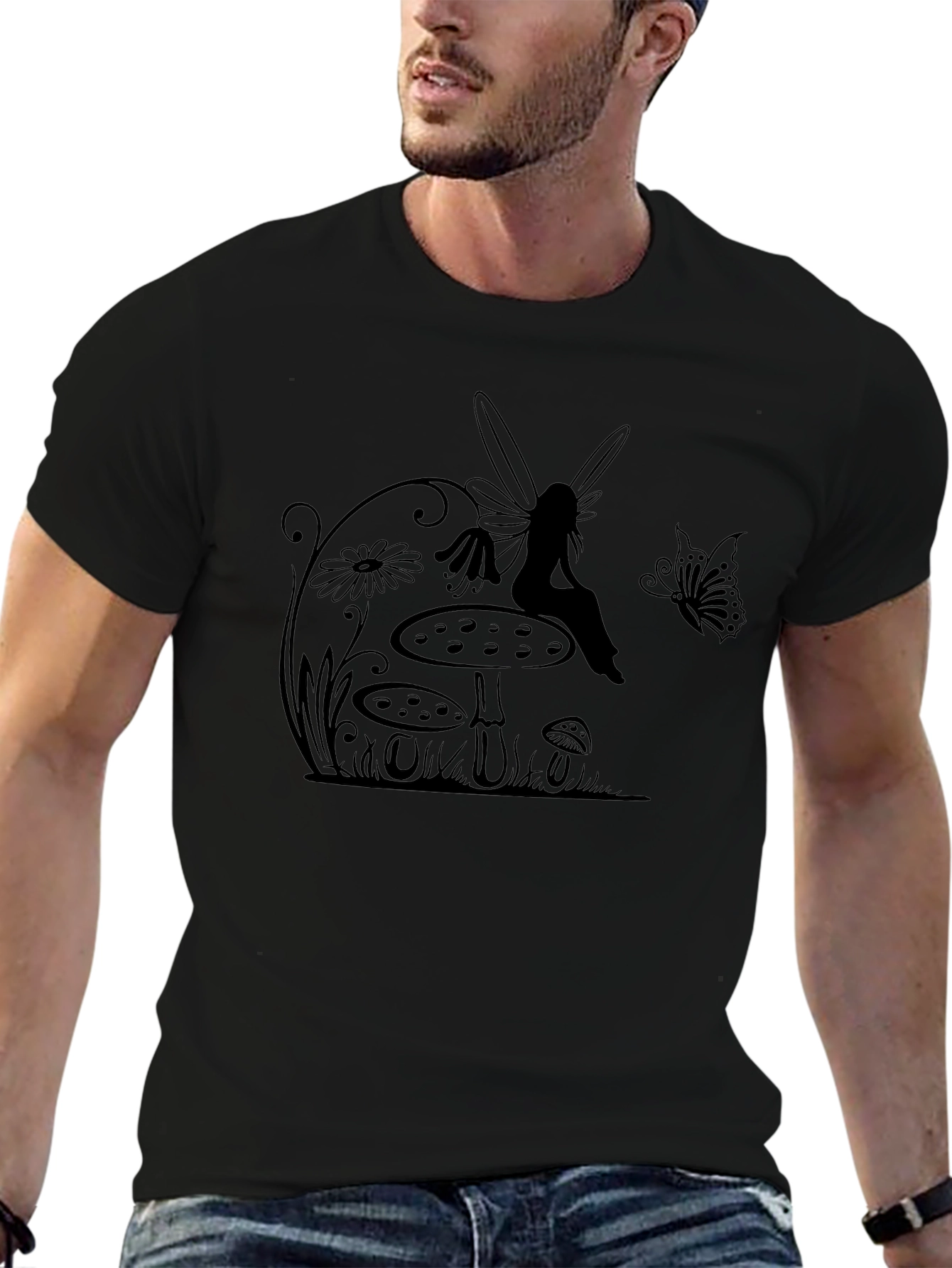 Fairy & Mushroom Graphic Tee - Black Cotton T-Shirt - 6