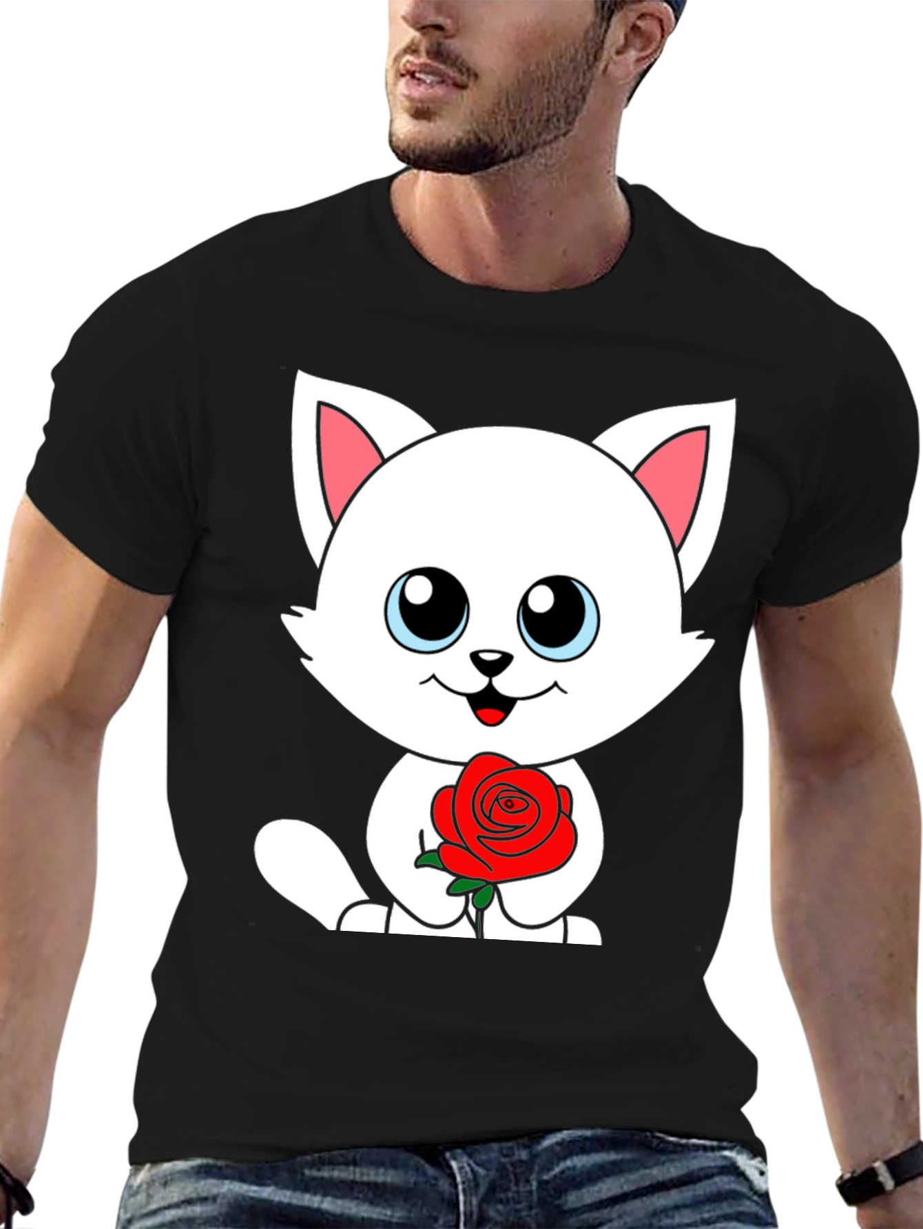 Black Cute Cat Rose Graphic Black T-Shirt view 6