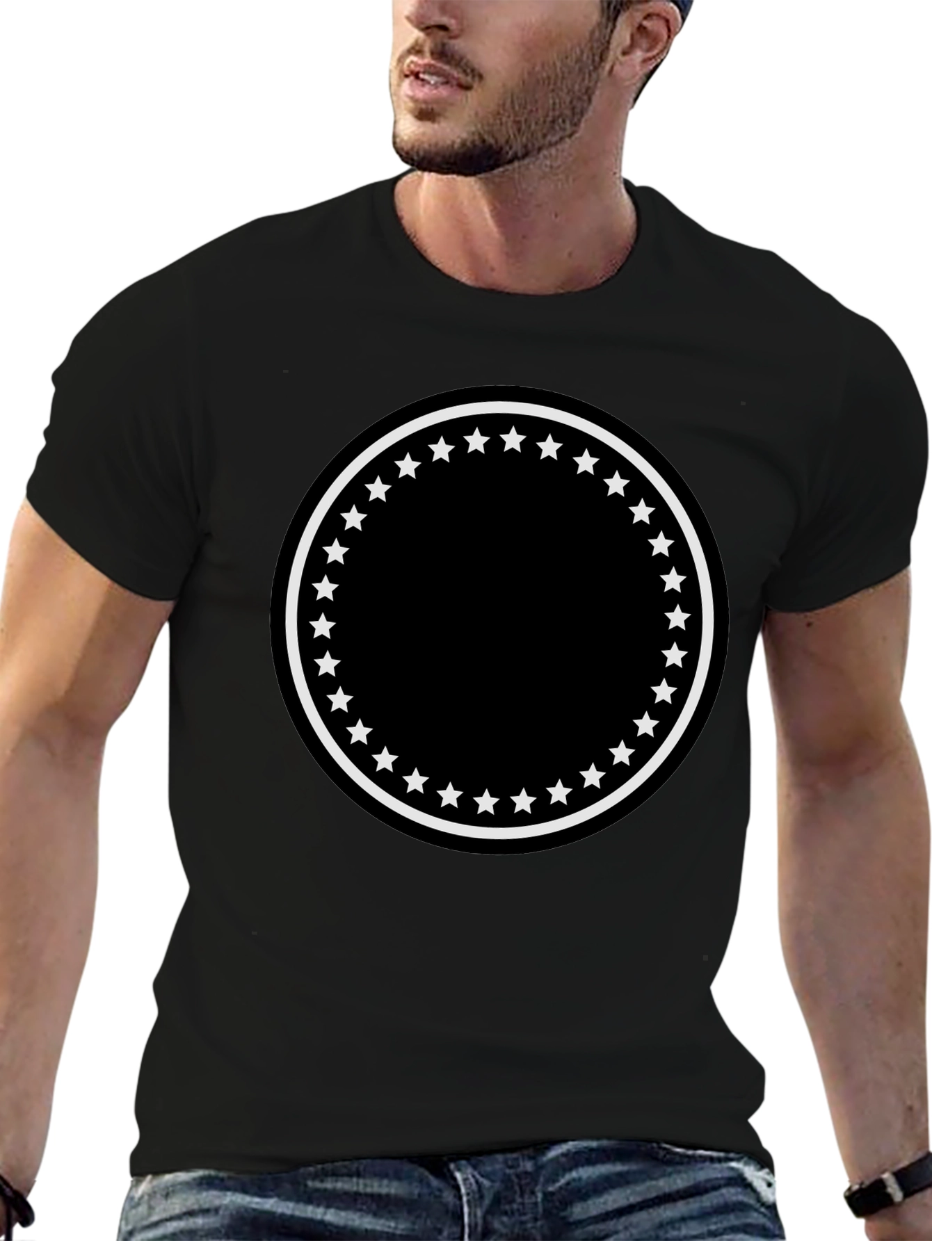 Black Men's Black T-Shirt with Star Circle Design view 6