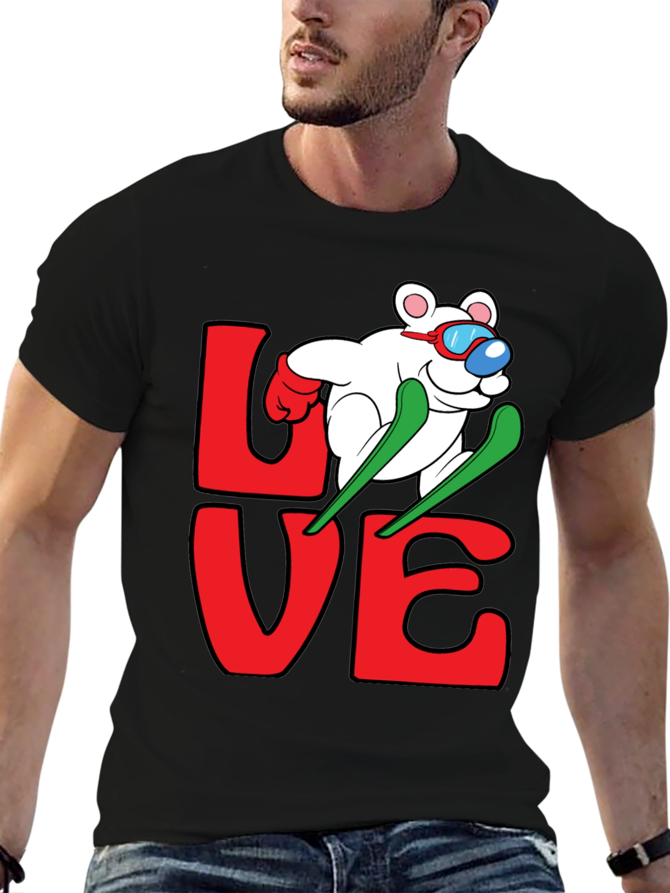 Black Skiing Bear Love Graphic Tee - Black Cotton T-Shirt view 6