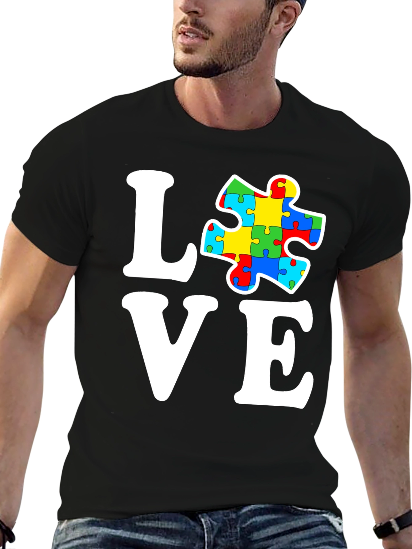 Black Autism Awareness Love Puzzle Piece Graphic T-Shirt view 6