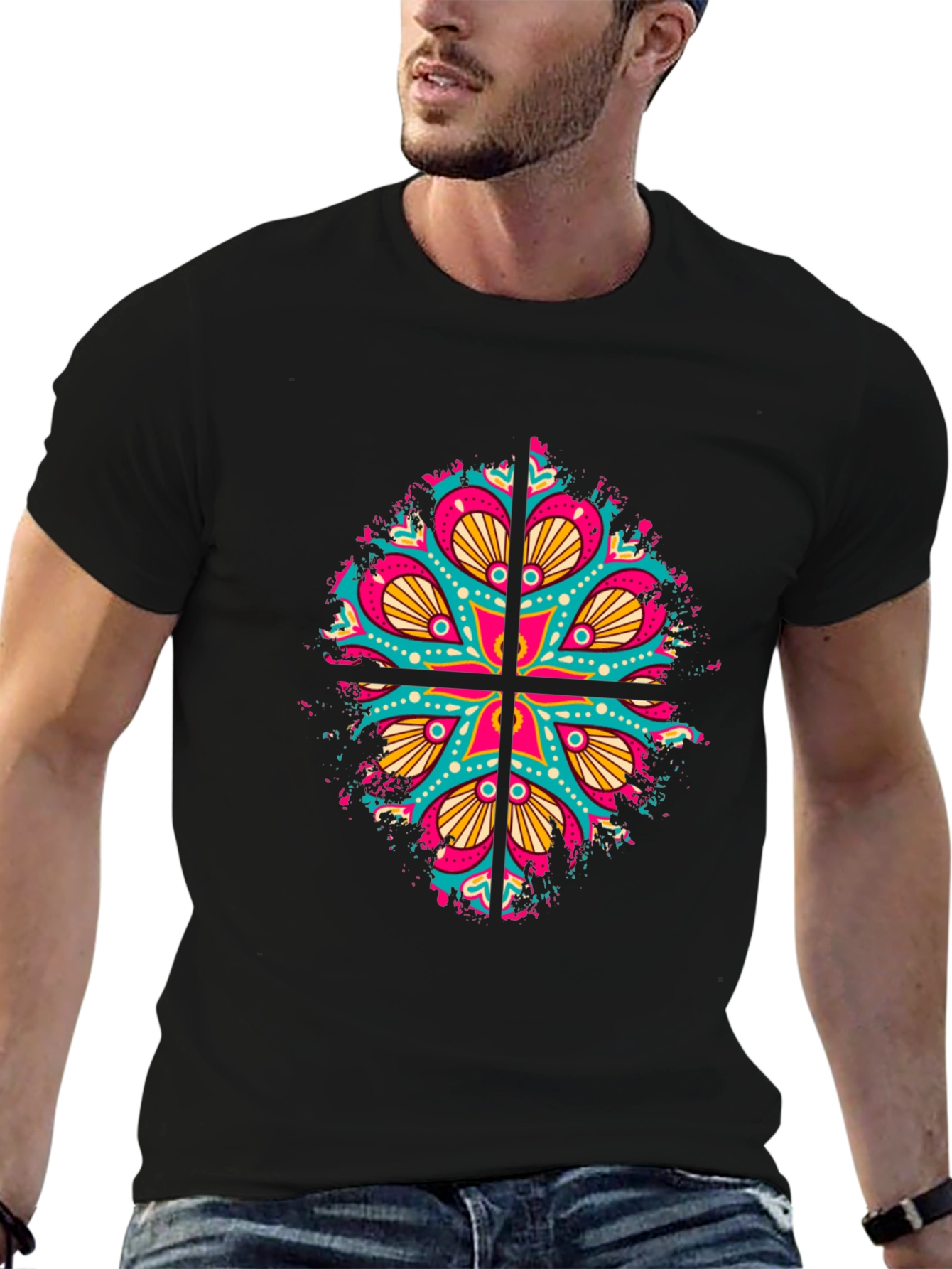 Black Vibrant Mandala Graphic Print Men's Black T-Shirt view 6
