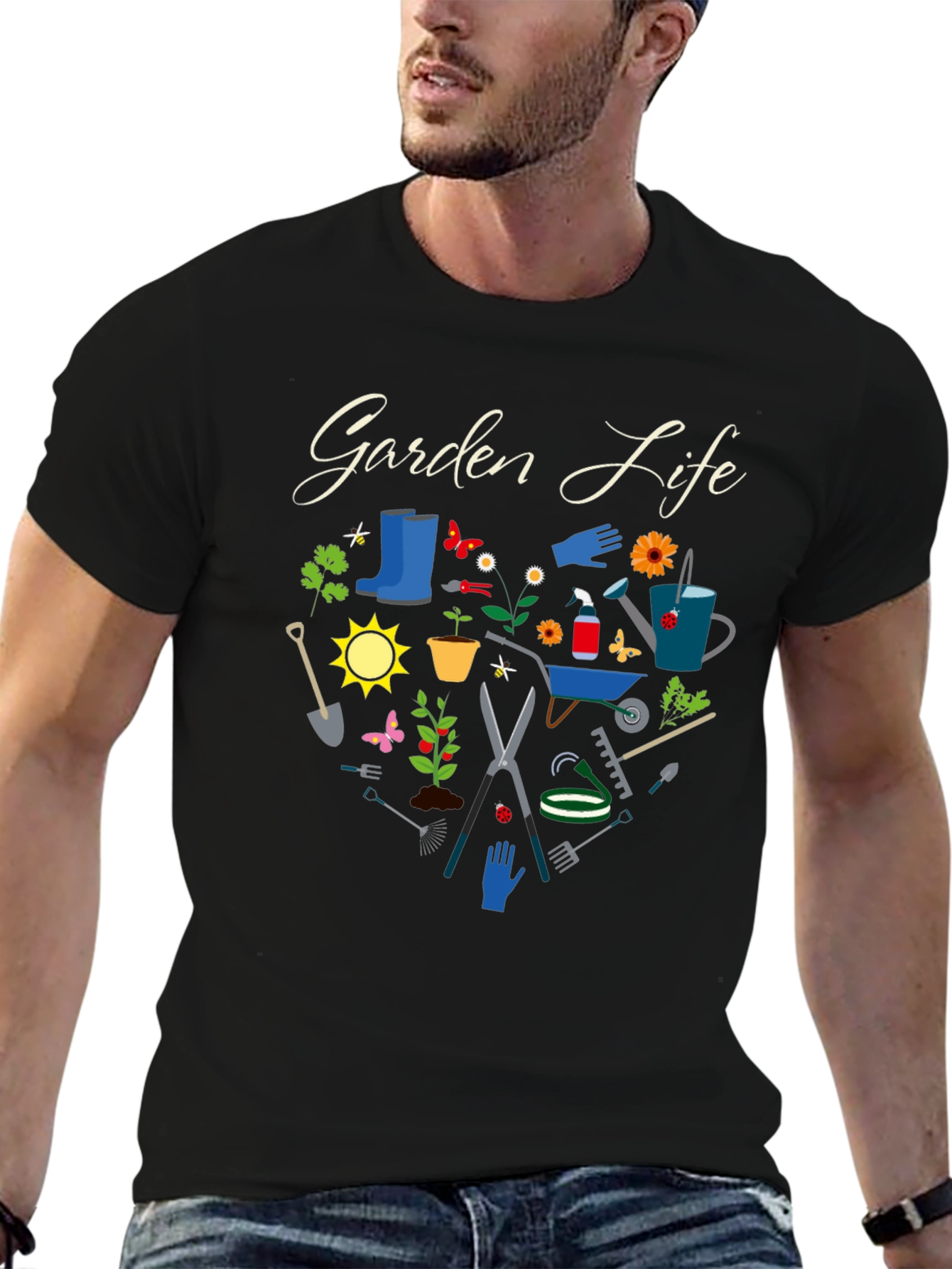 Black Garden Life Black T-Shirt: Gardening Tools Graphic Tee view 6