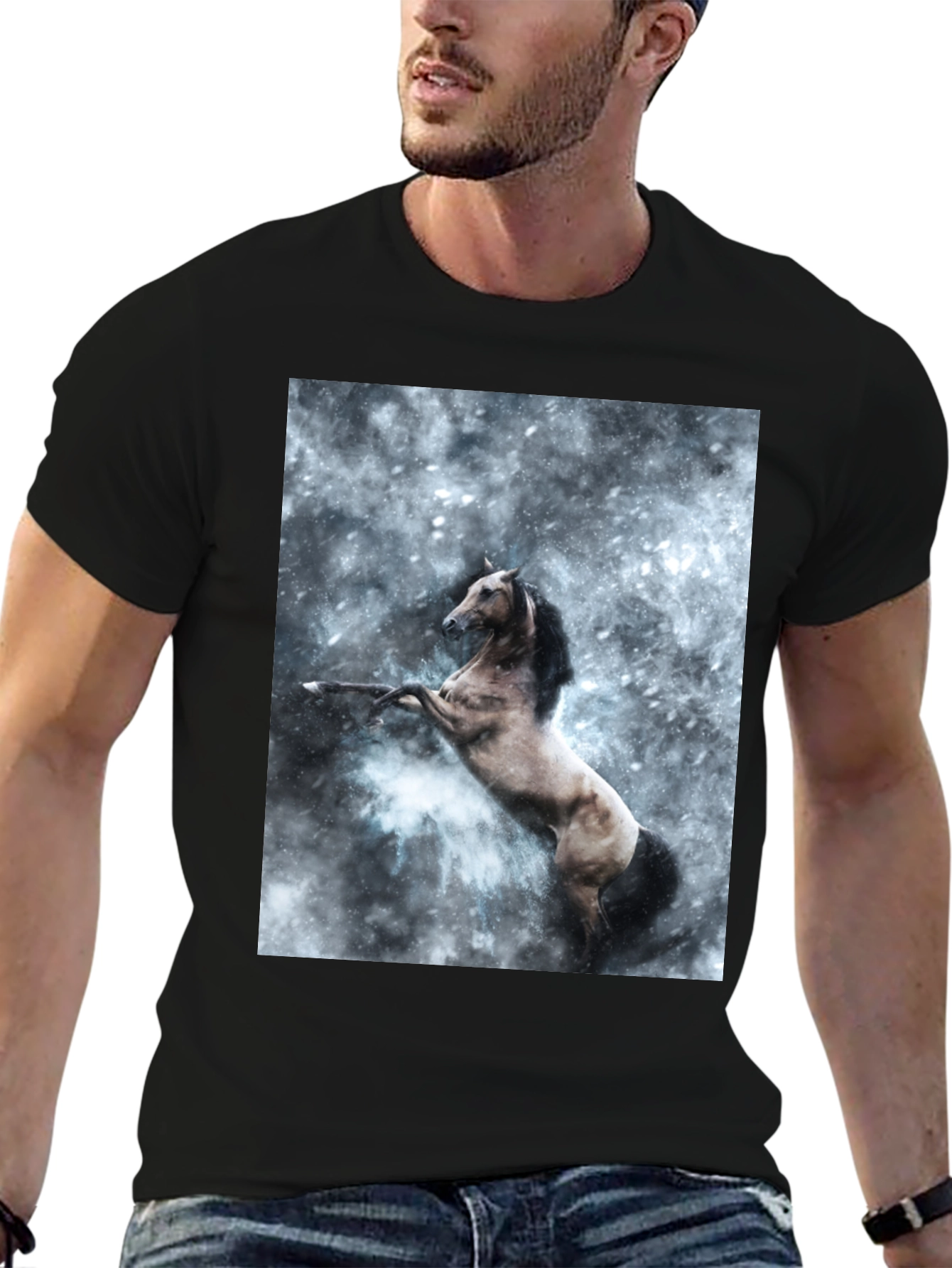 Black Black T-Shirt with Rearing Horse Print view 6