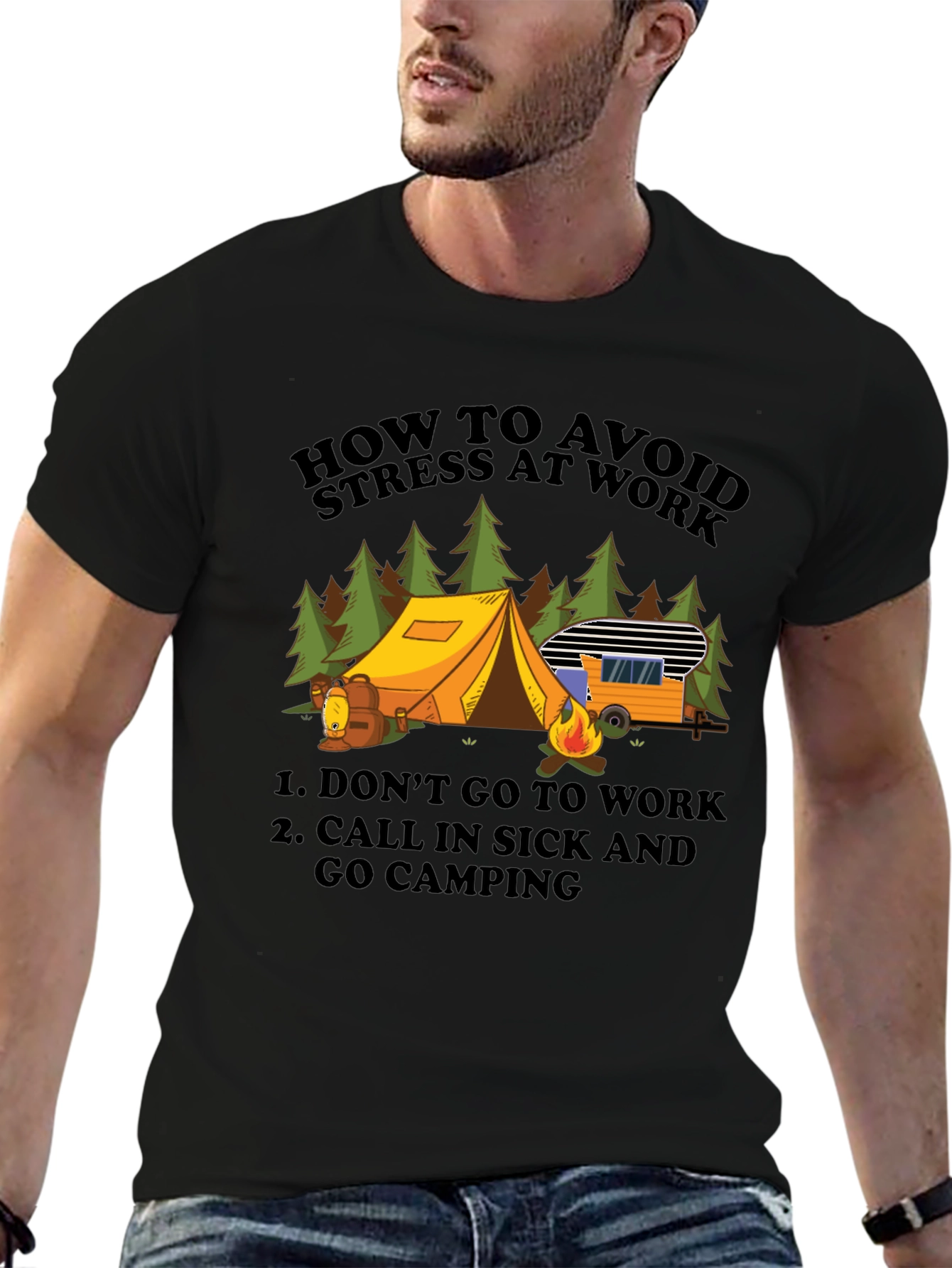 Black Avoid Stress Camping T-Shirt - Funny Vacation Tee view 6