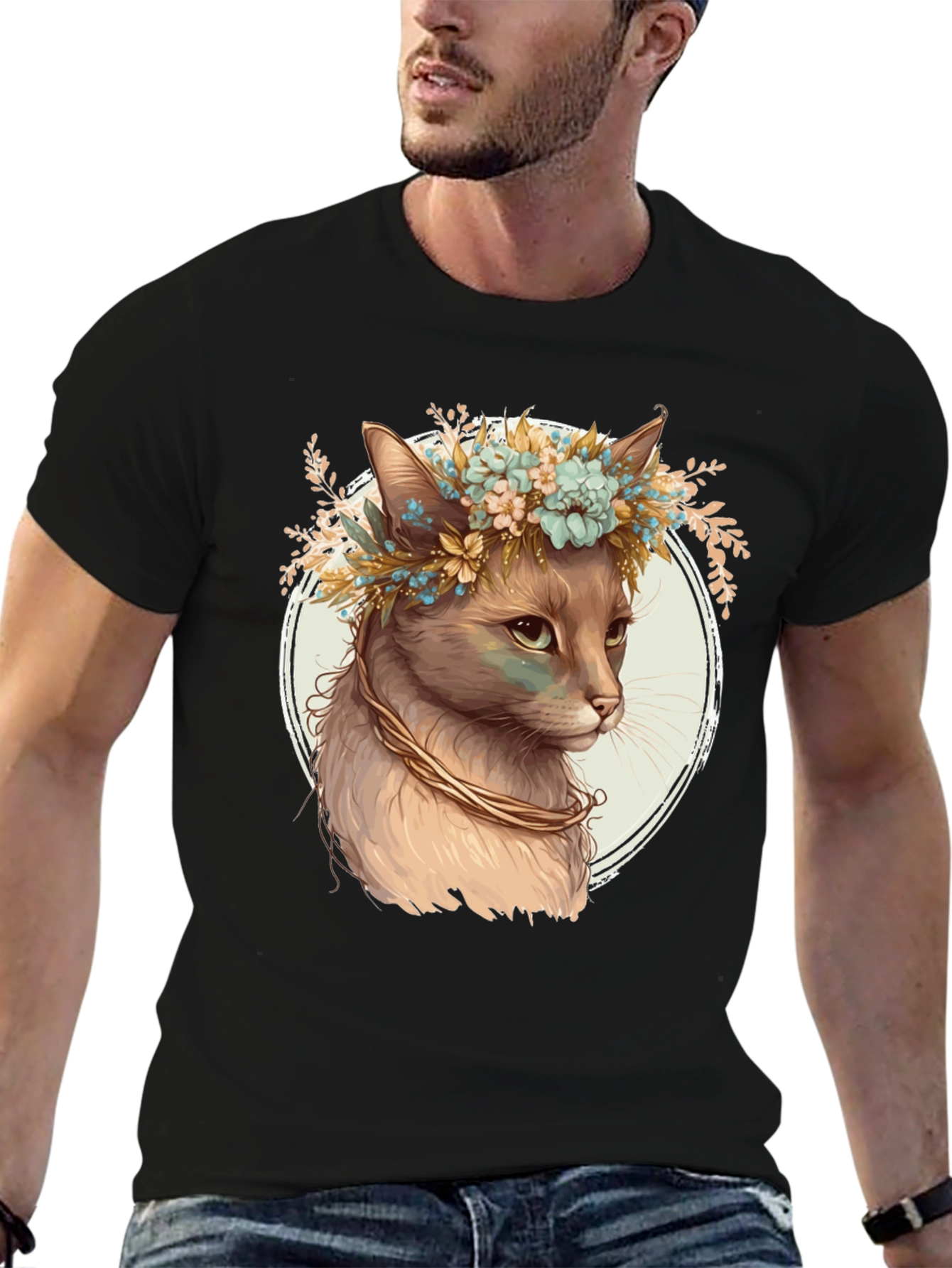 Black Cat with Flower Crown Graphic Tee view 6