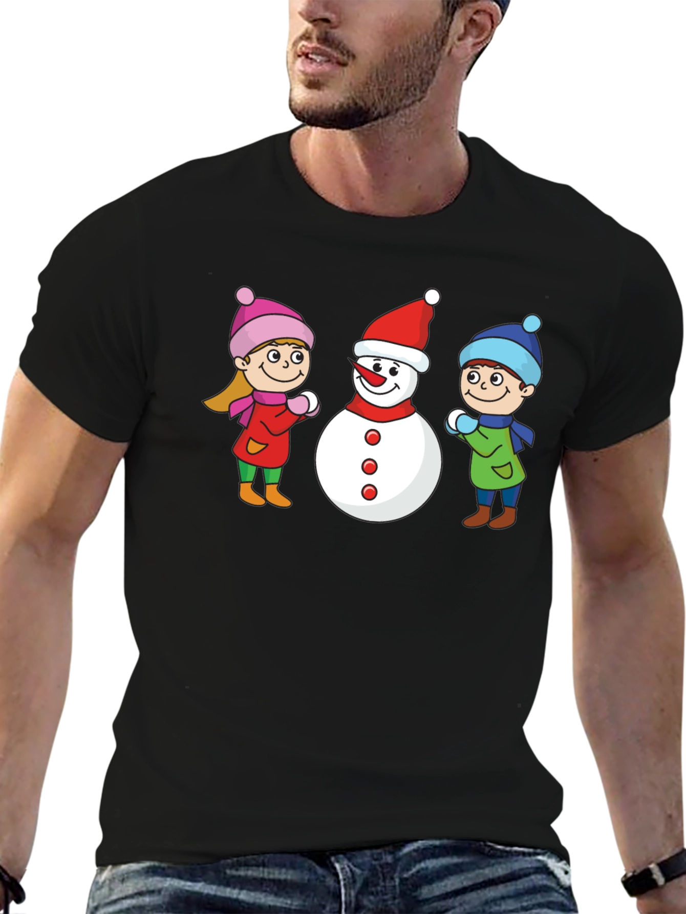Black Winter Fun T-Shirt: Snowman & Kids Graphic Tee view 6